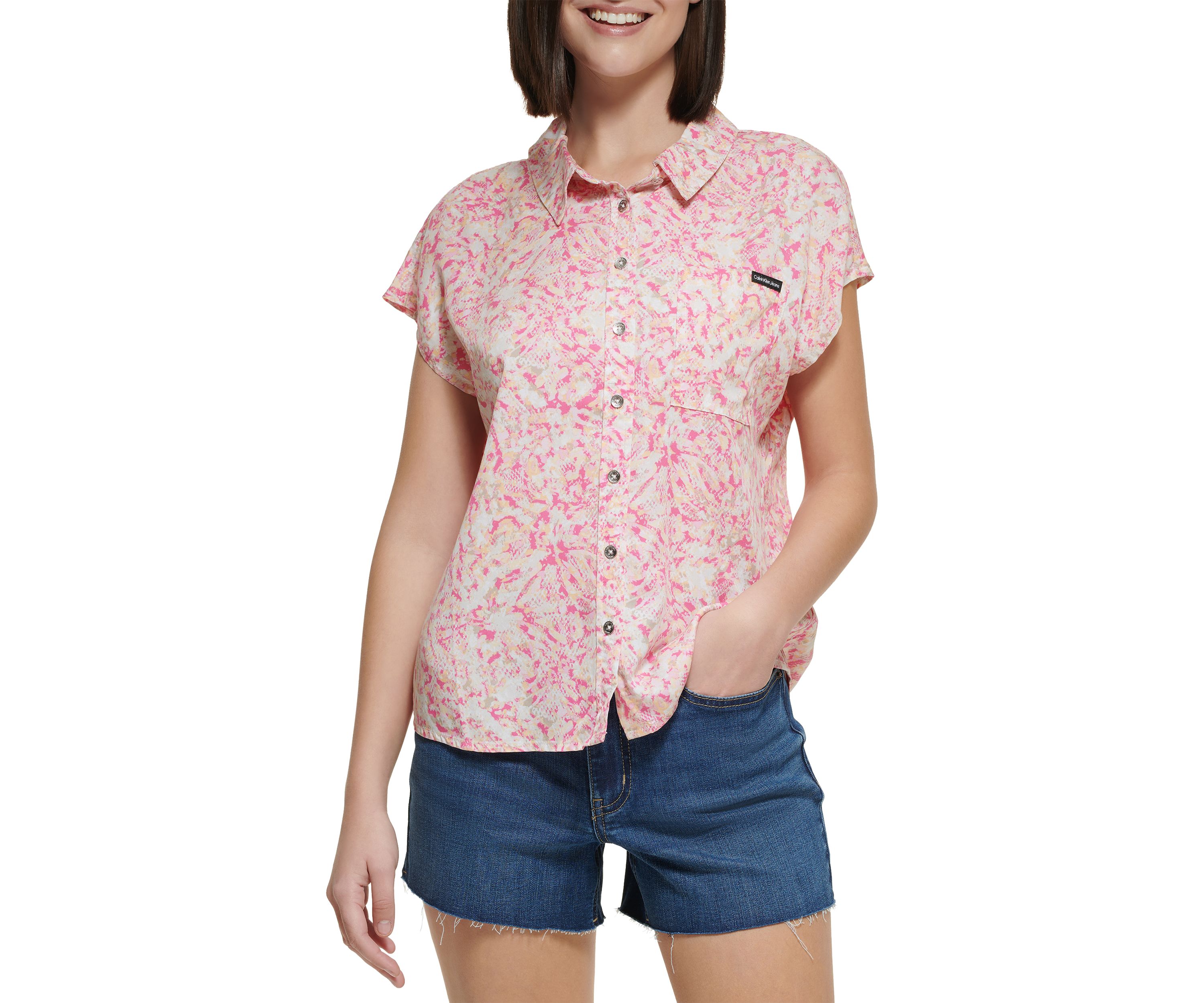Womens Printed Dolman Sleeve Button Front Shirt