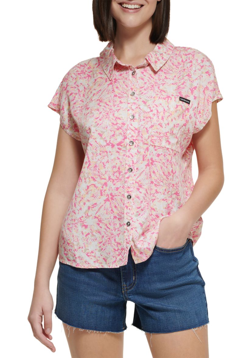 Womens Printed Dolman Sleeve Button Front Shirt