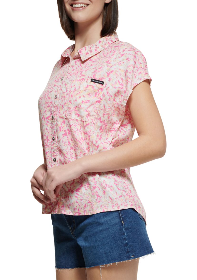 Womens Printed Dolman Sleeve Button Front Shirt