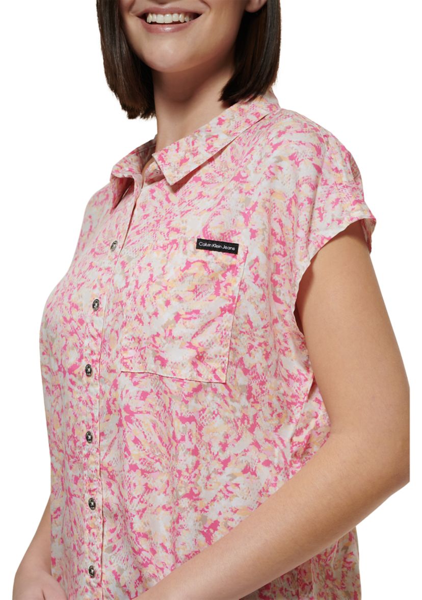 Womens Printed Dolman Sleeve Button Front Shirt