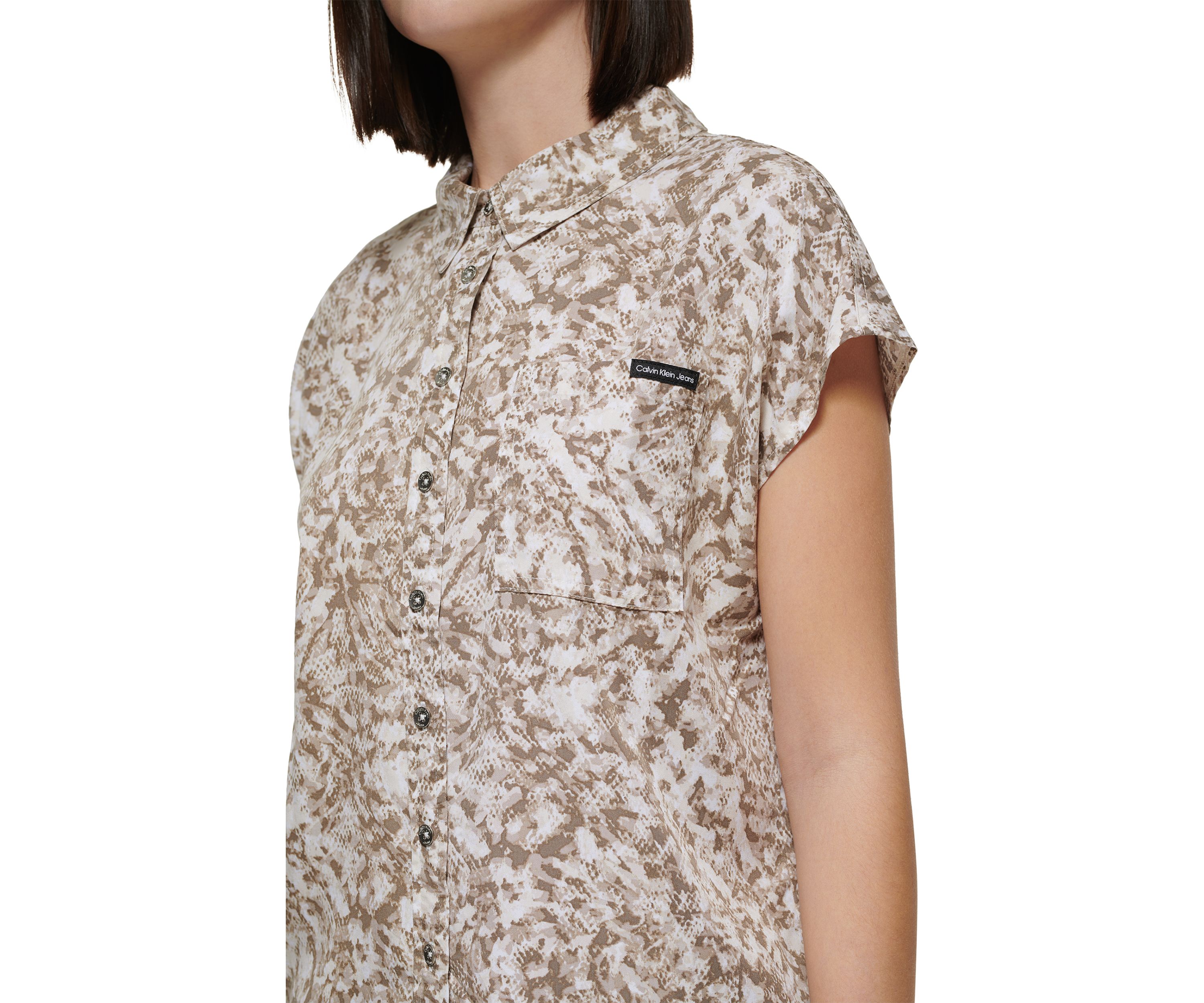 Womens Printed Dolman Sleeve Button Front Shirt