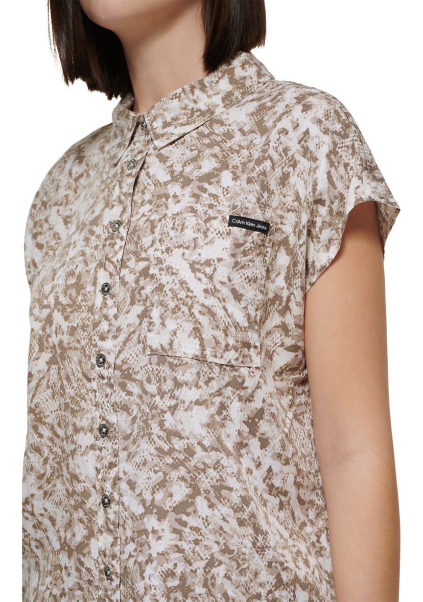 Womens Printed Dolman Sleeve Button Front Shirt