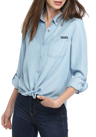 Calvin Klein Jeans Women's Tie Front Button Down Top with Roll Tab Sleeves  | belk