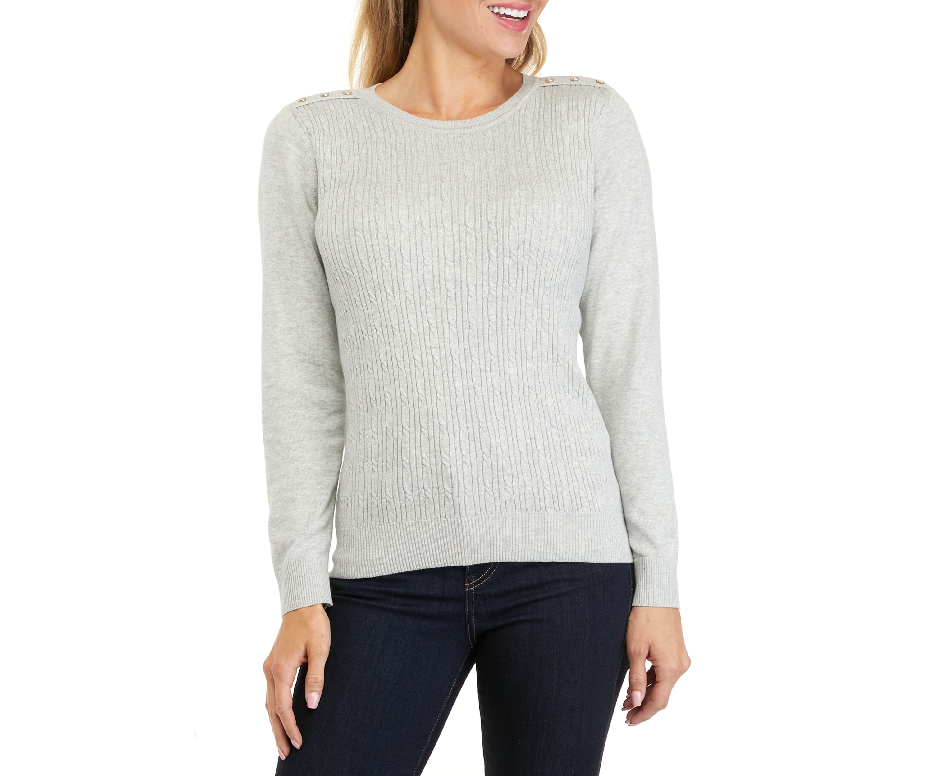 Petite Long Sleeve Cable Knit Crew Neck Sweater