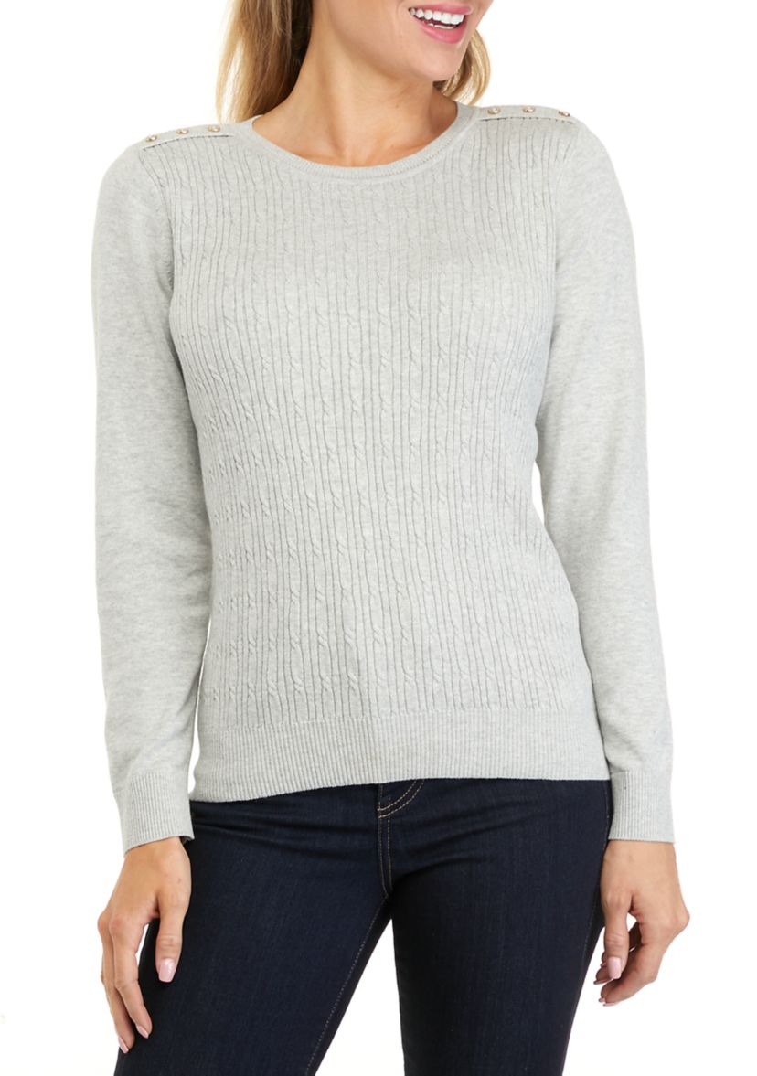 Petite Long Sleeve Cable Knit Crew Neck Sweater