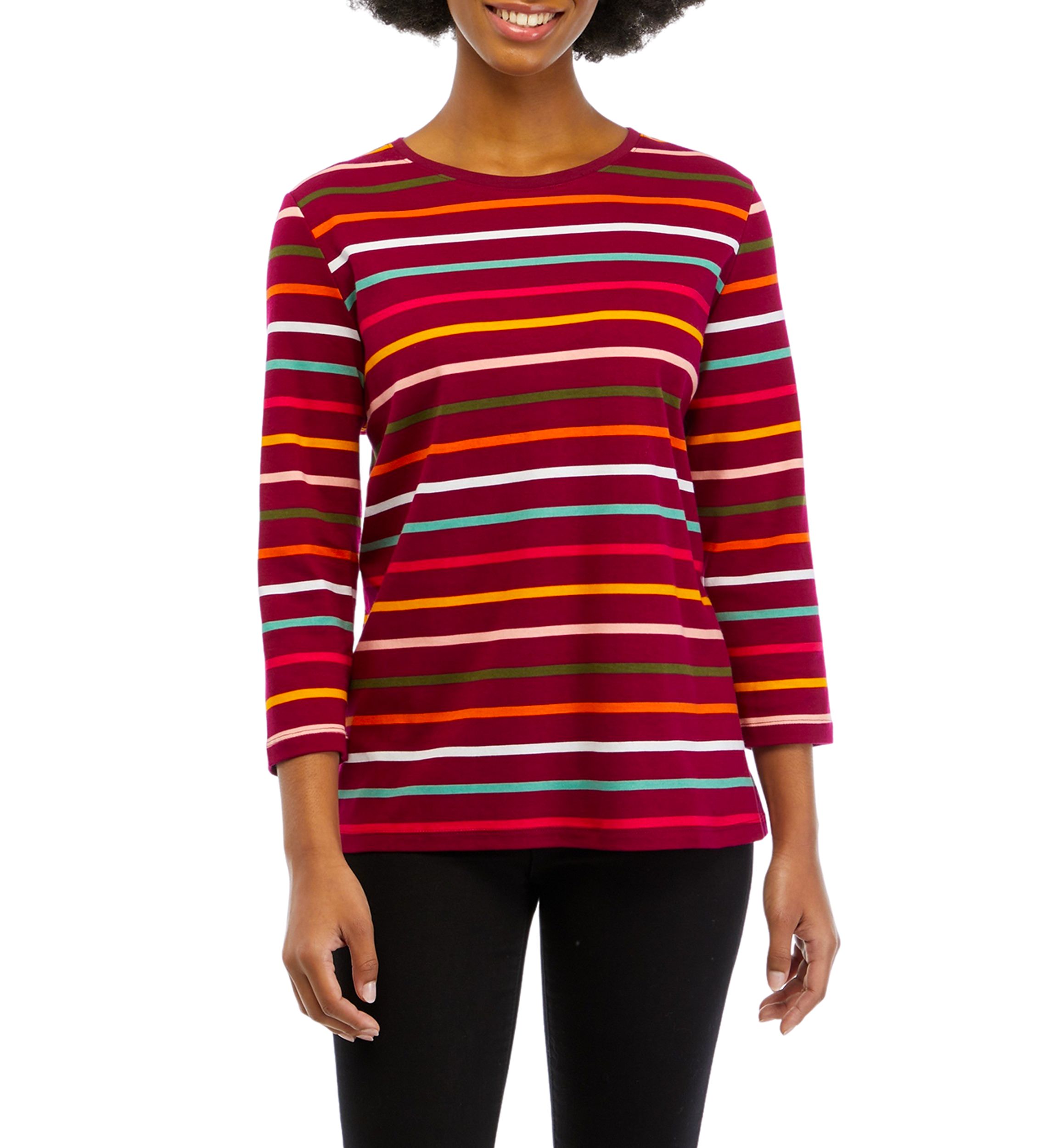 Petite 3/4 Sleeve Crew Neck Stripe Top