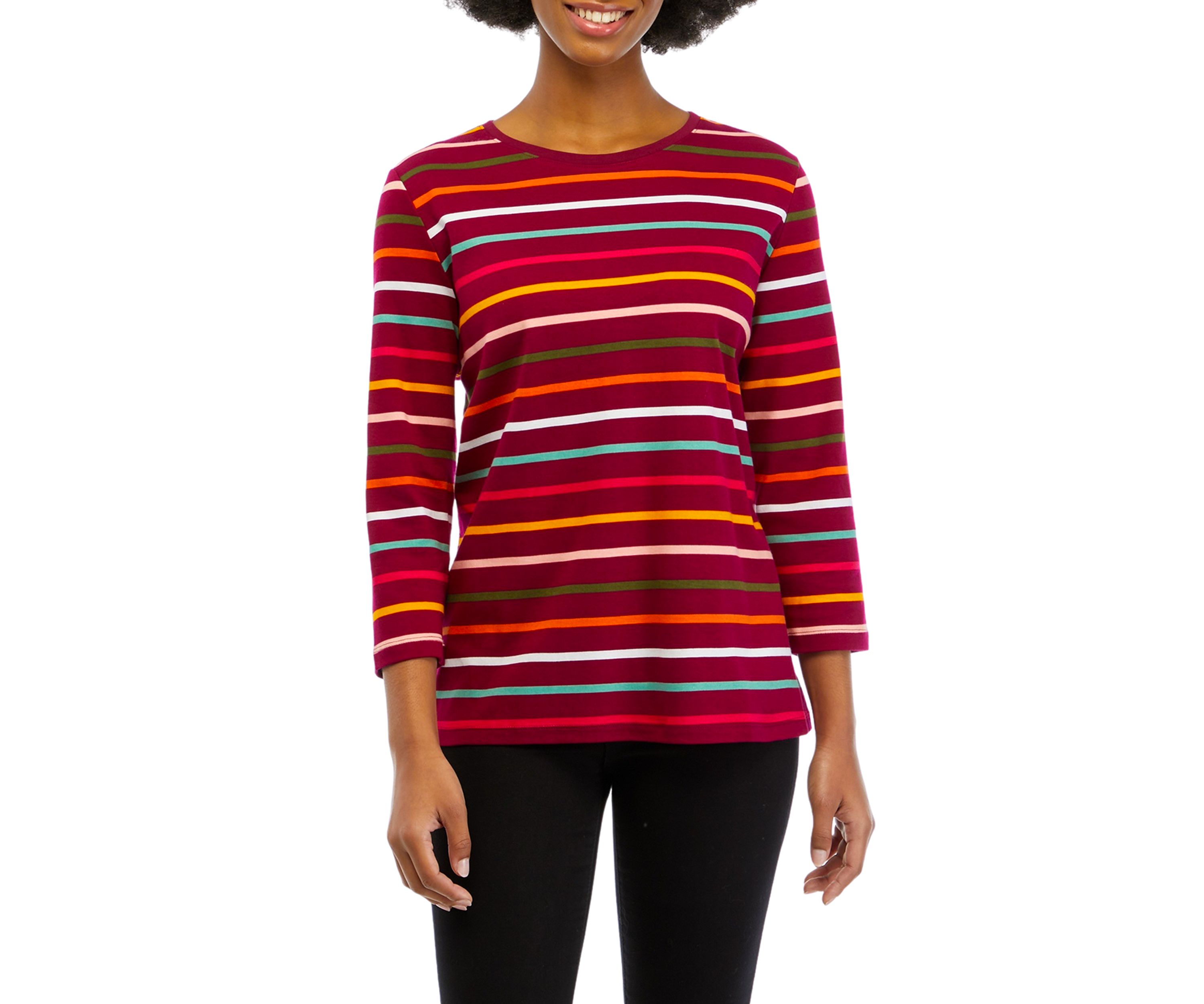 Petite 3/4 Sleeve Crew Neck Stripe Top