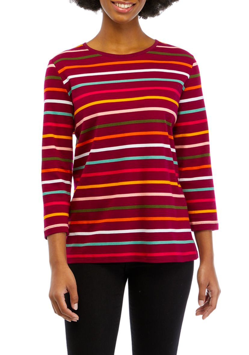Petite 3/4 Sleeve Crew Neck Stripe Top