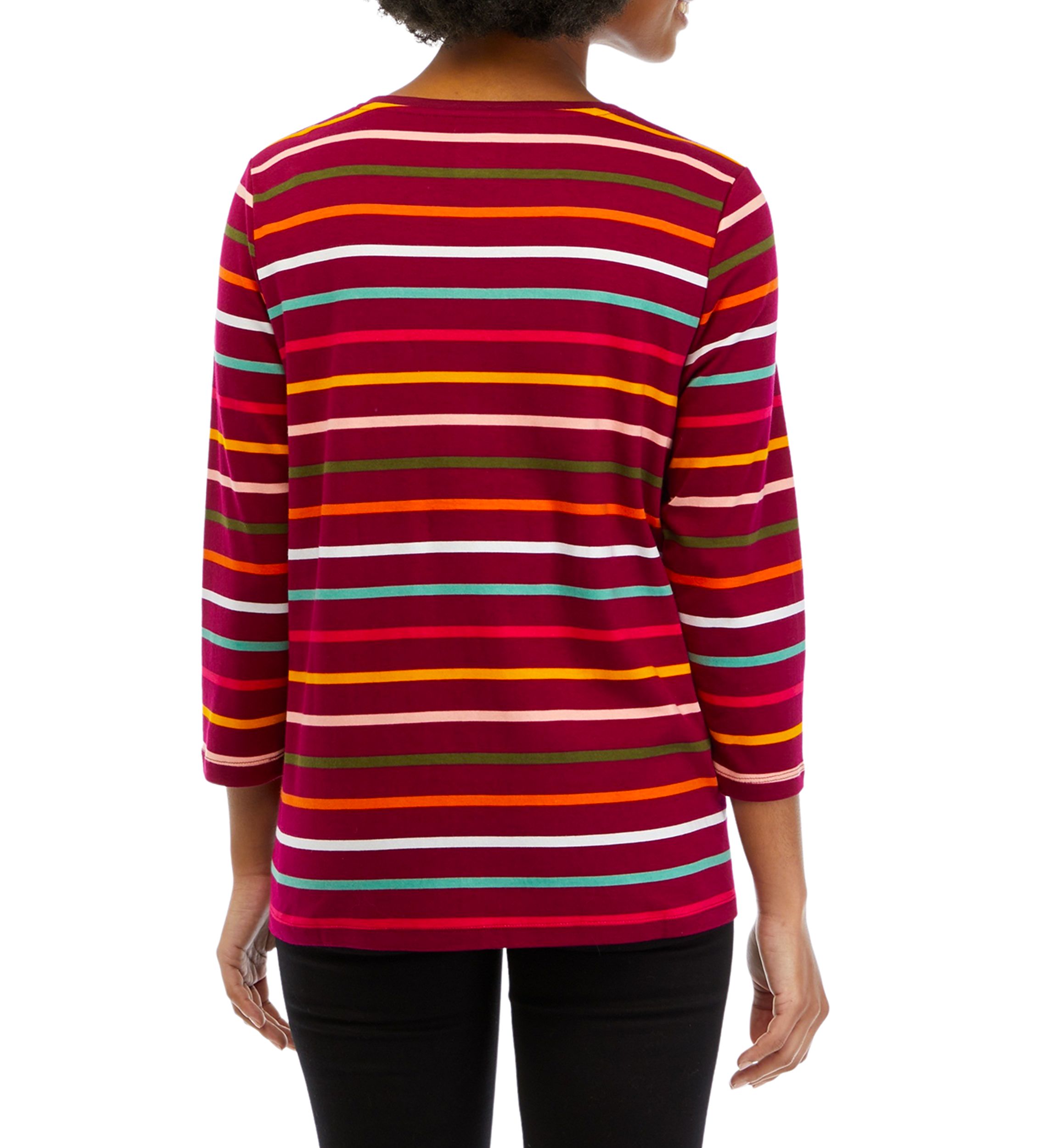 Petite 3/4 Sleeve Crew Neck Stripe Top