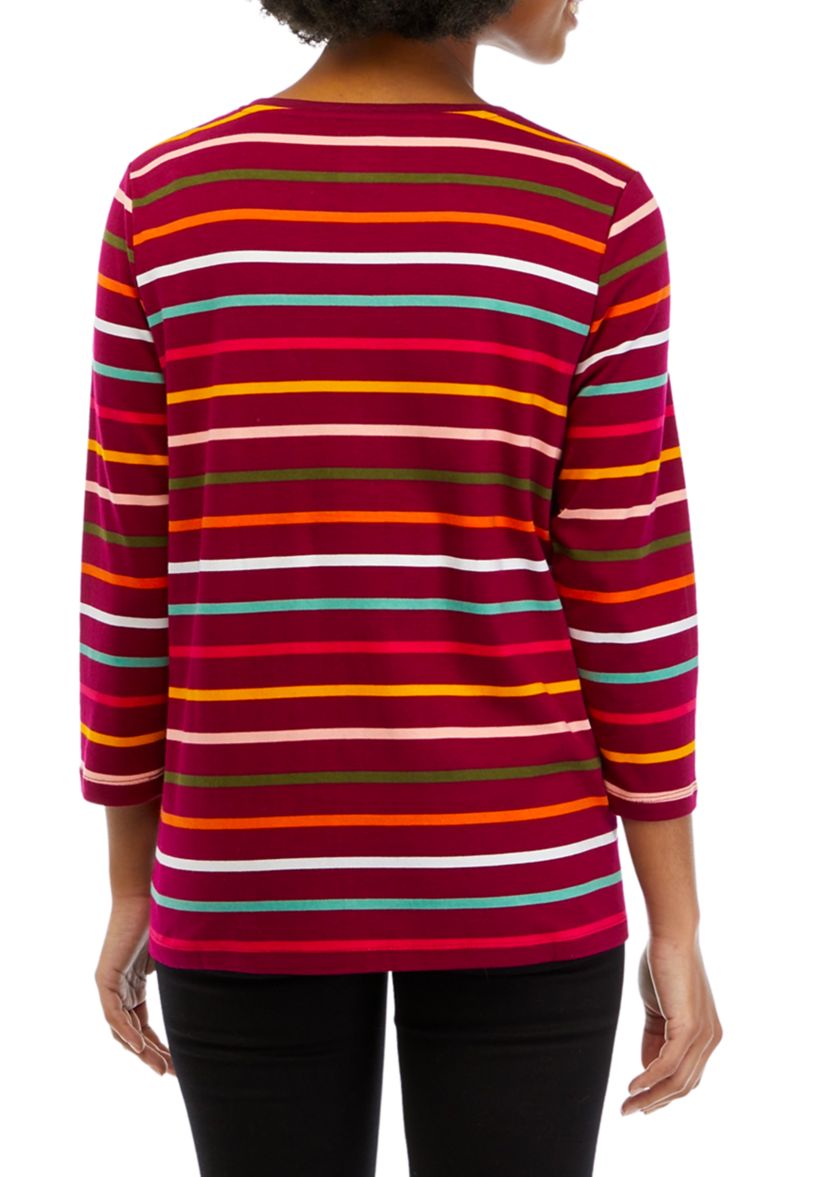 Petite 3/4 Sleeve Crew Neck Stripe Top