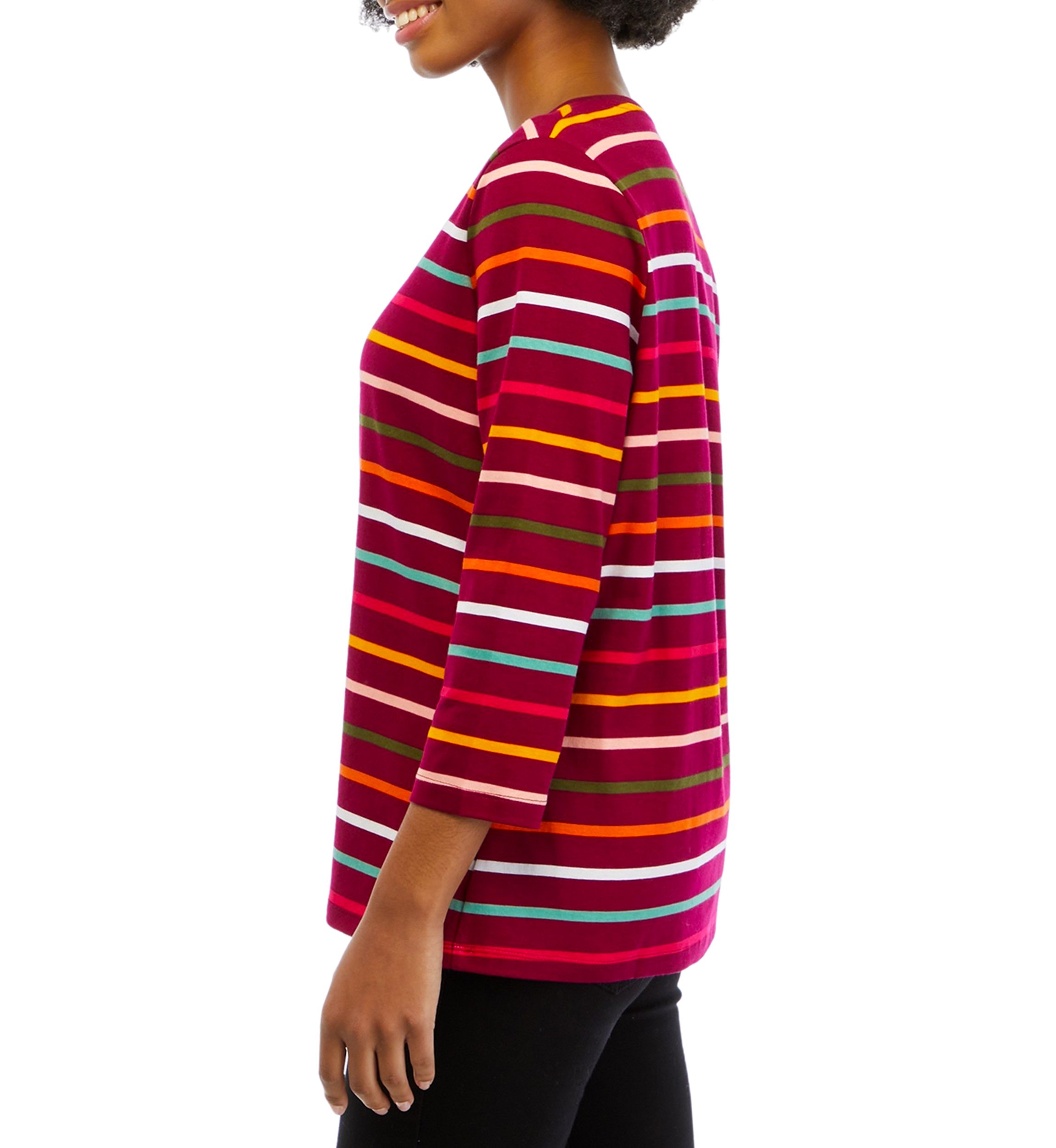 Petite 3/4 Sleeve Crew Neck Stripe Top