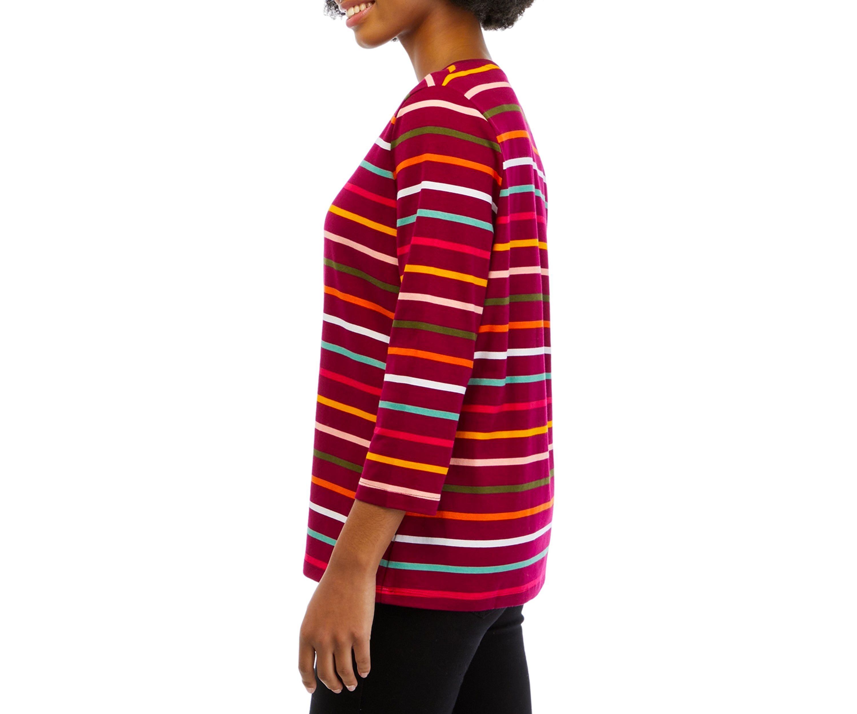 Petite 3/4 Sleeve Crew Neck Stripe Top