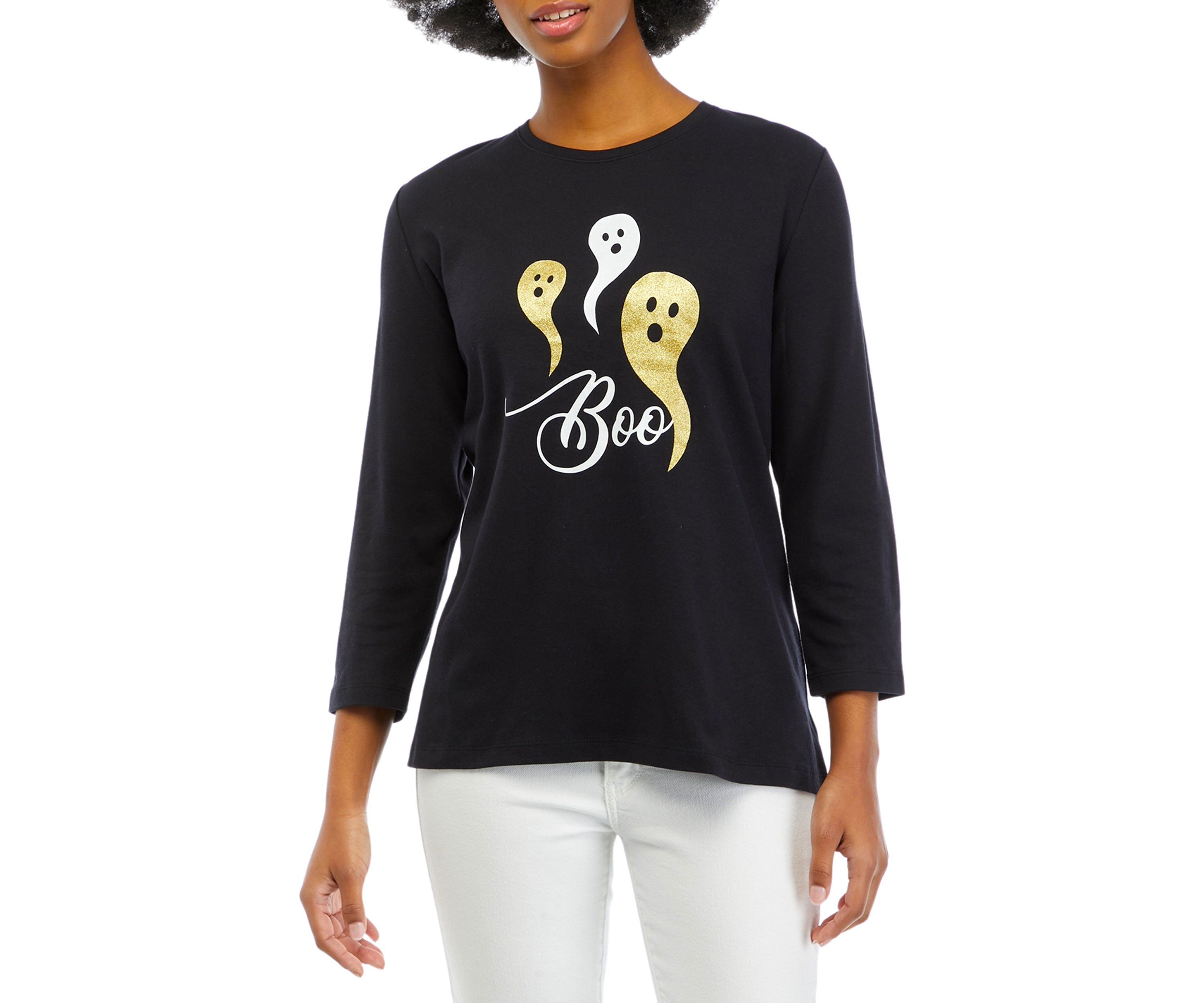 Petite 3/4 Sleeve Crew Neck Holiday Graphic T-Shirt