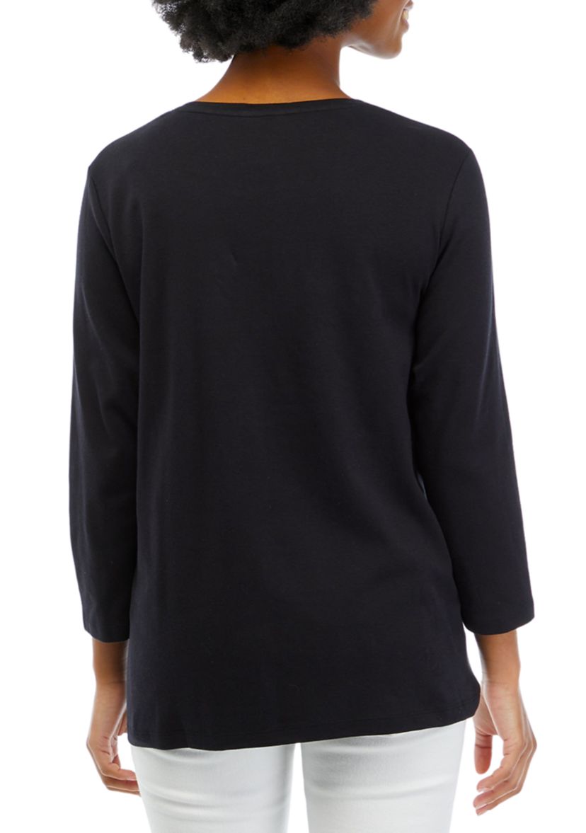 Petite 3/4 Sleeve Crew Neck Holiday Graphic T-Shirt