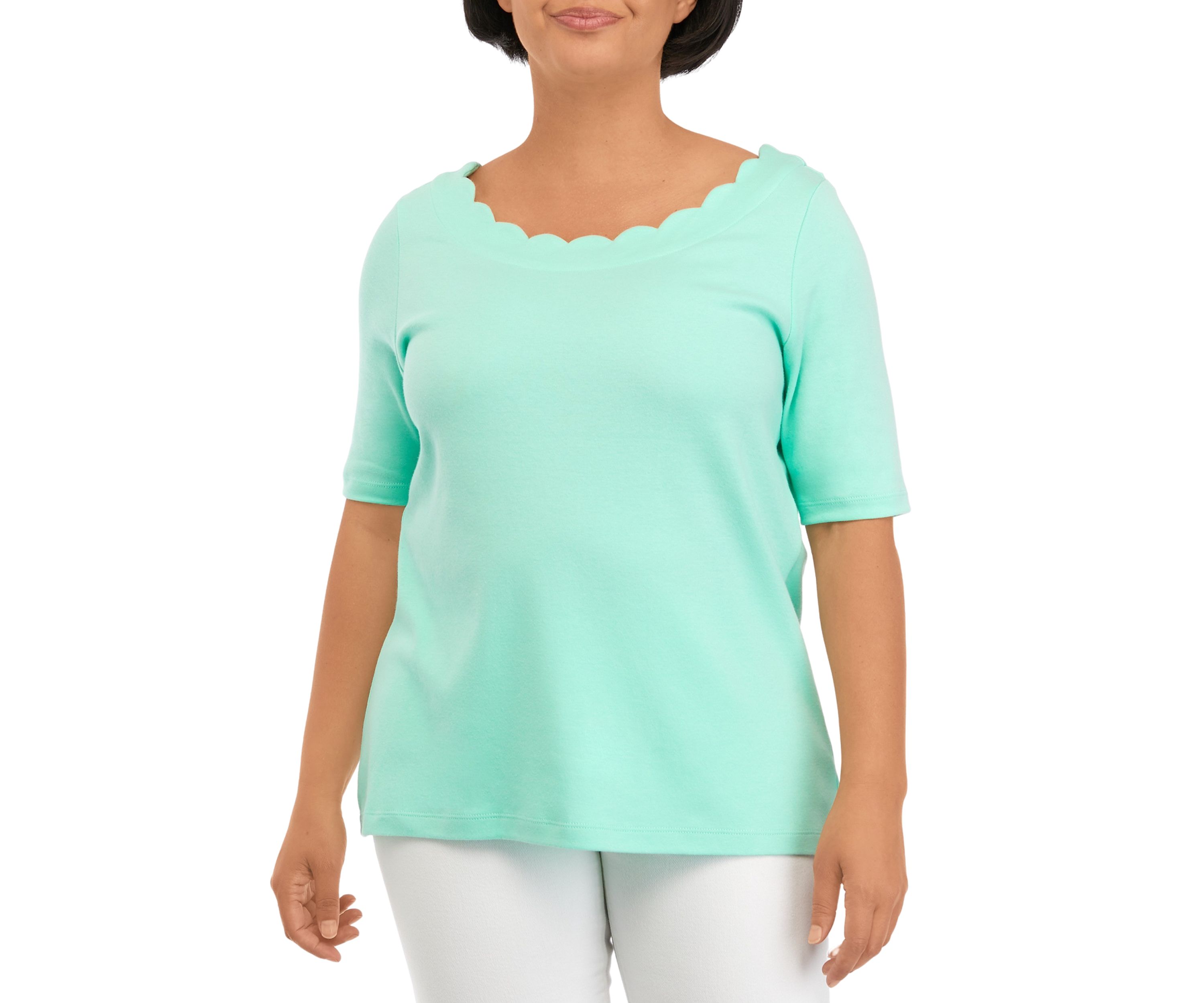 Petite Elbow Sleeve Scallop Fashion Top