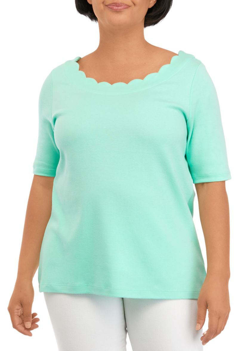 Petite Elbow Sleeve Scallop Fashion Top