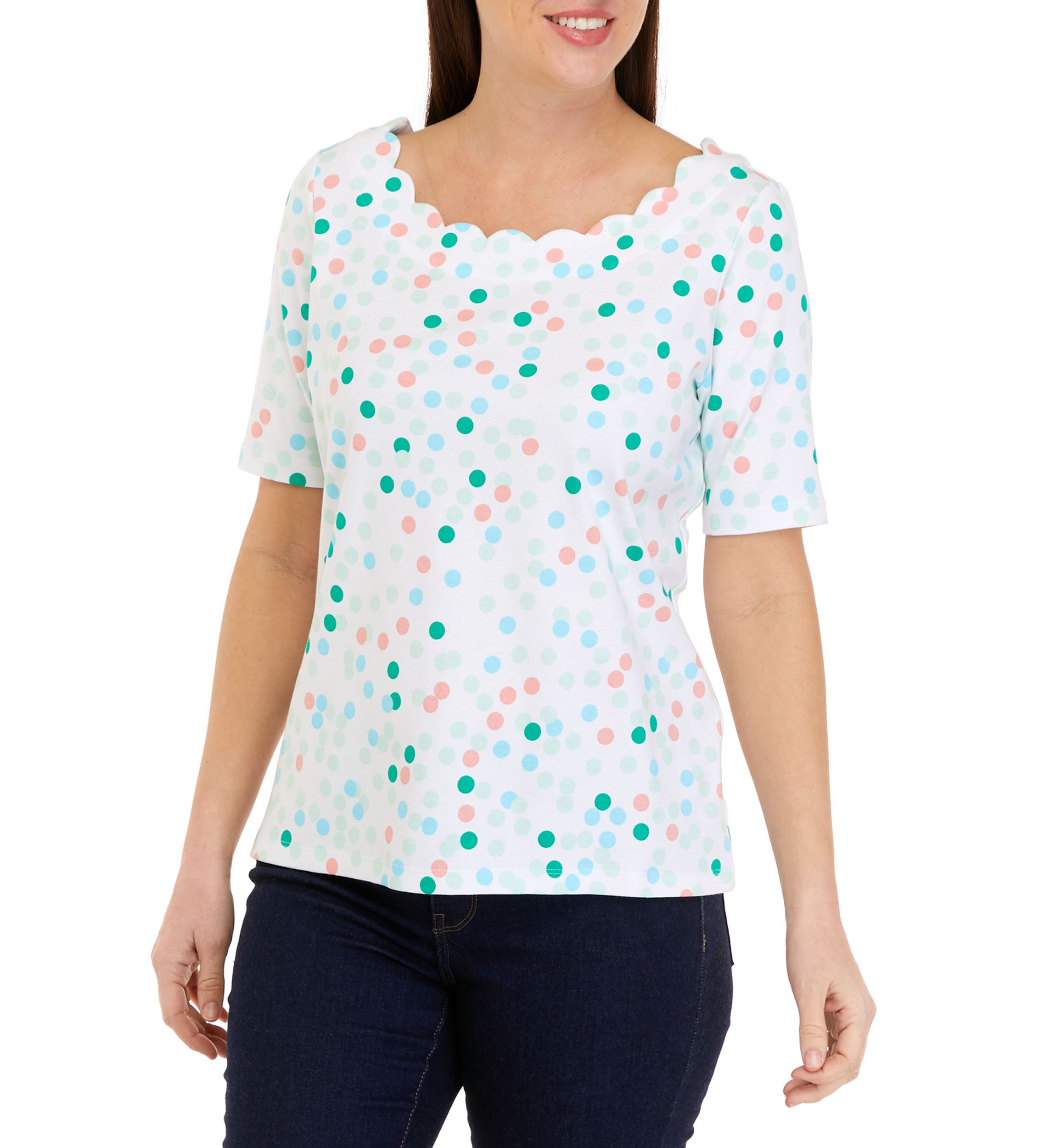 Petite Elbow Sleeve Printed Scallop Top