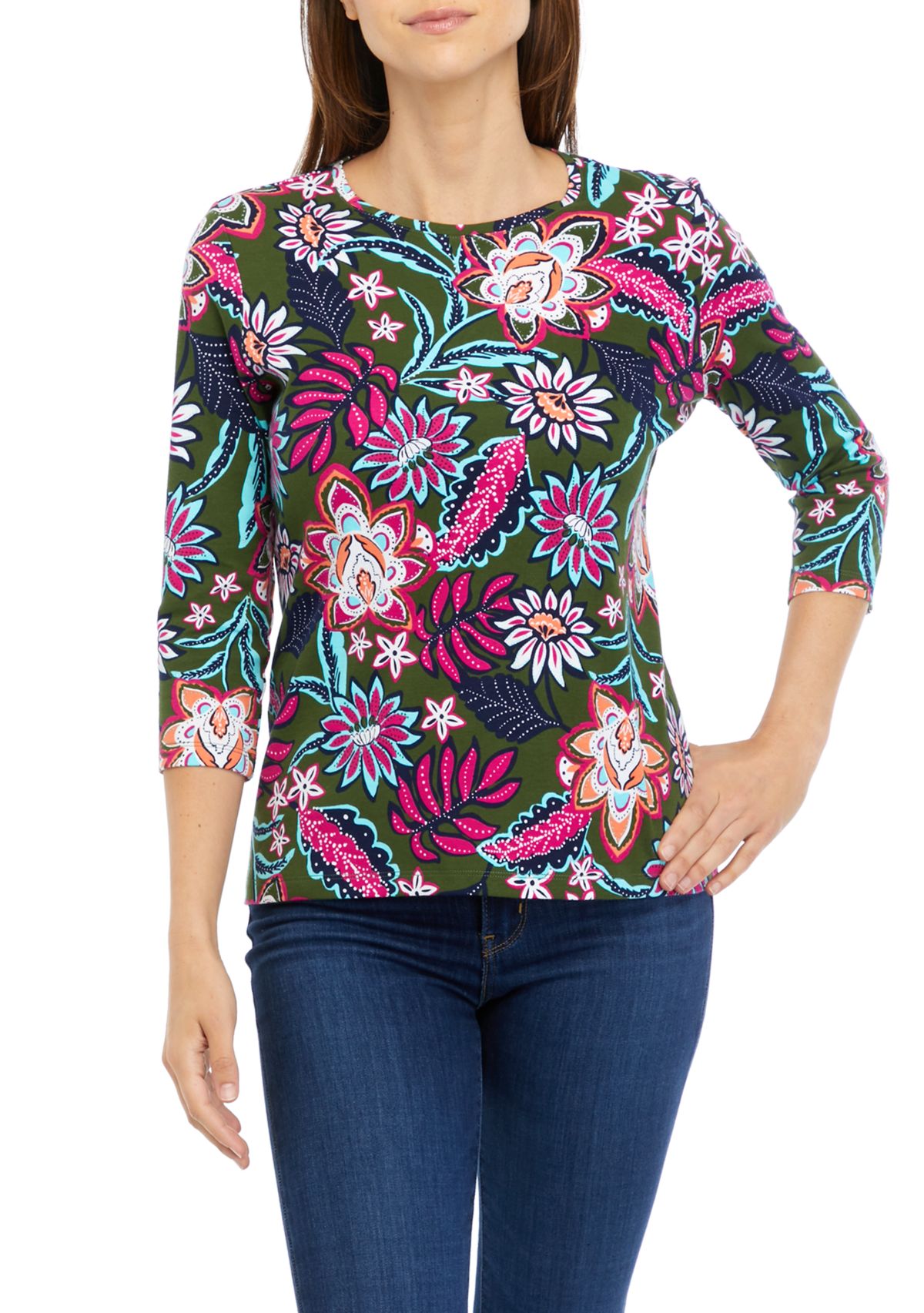 Petite 3/4 Sleeve Crew Neck Printed Top
