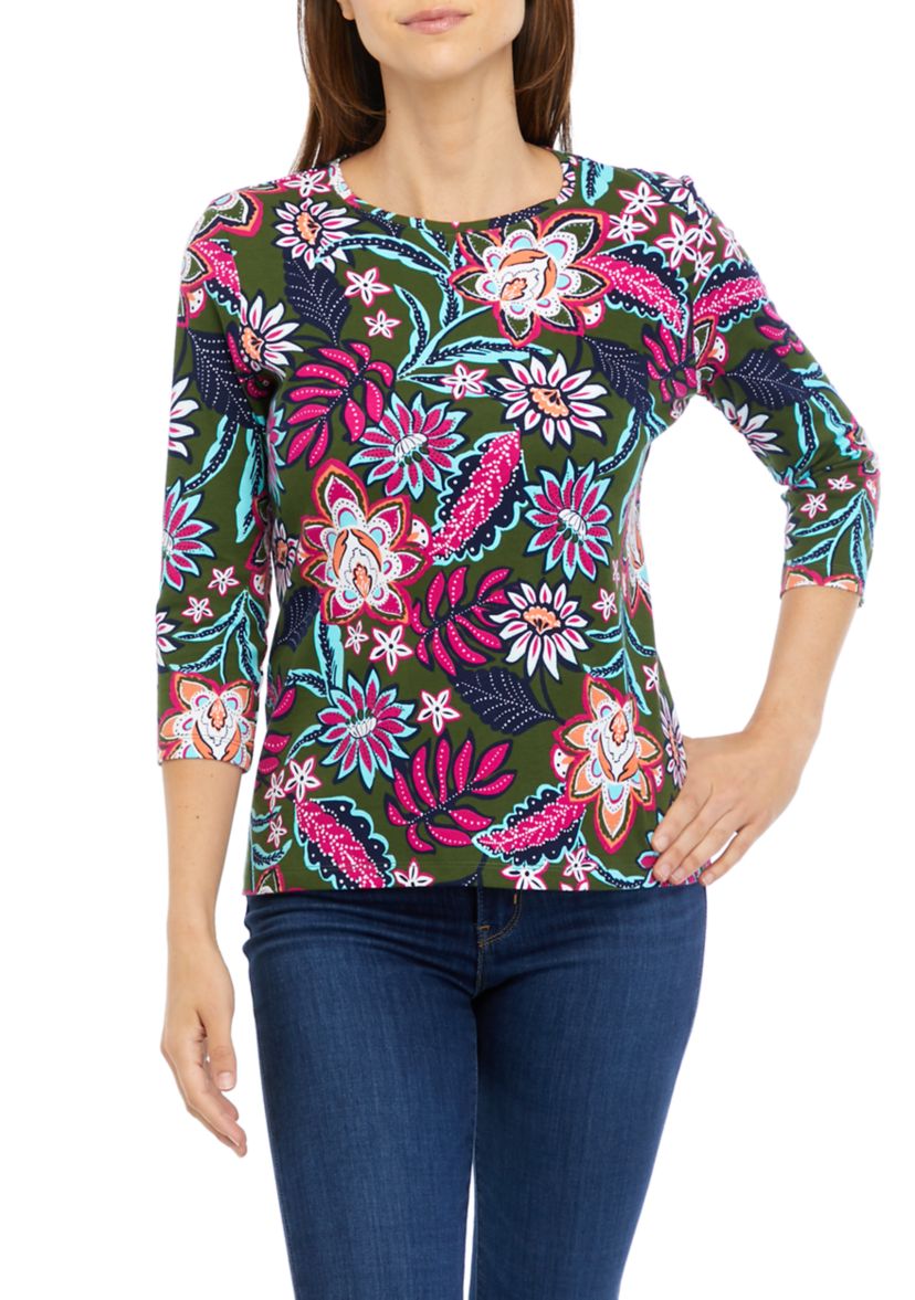 Petite 3/4 Sleeve Crew Neck Printed Top