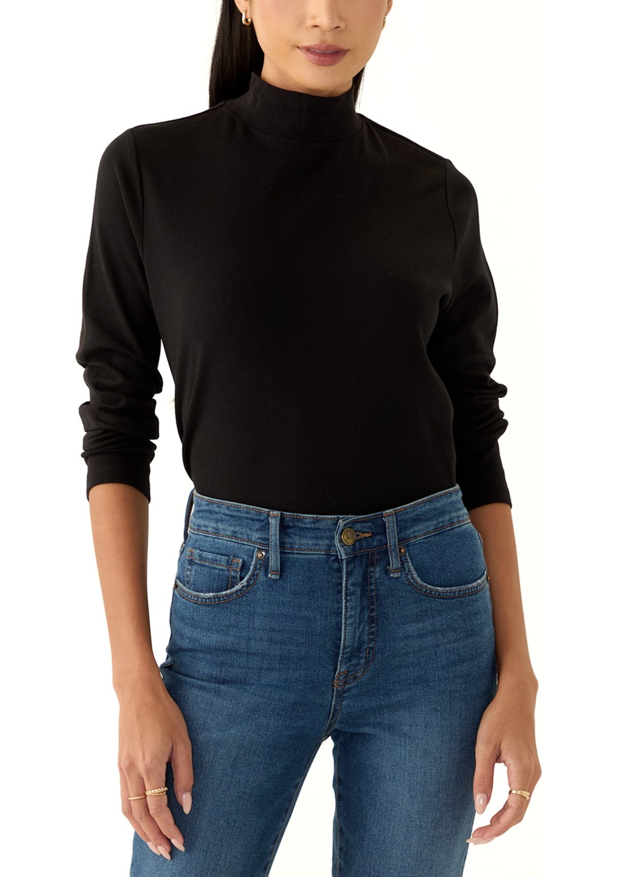 Petite Long Sleeve Mock Neck Knit T-Shirt 