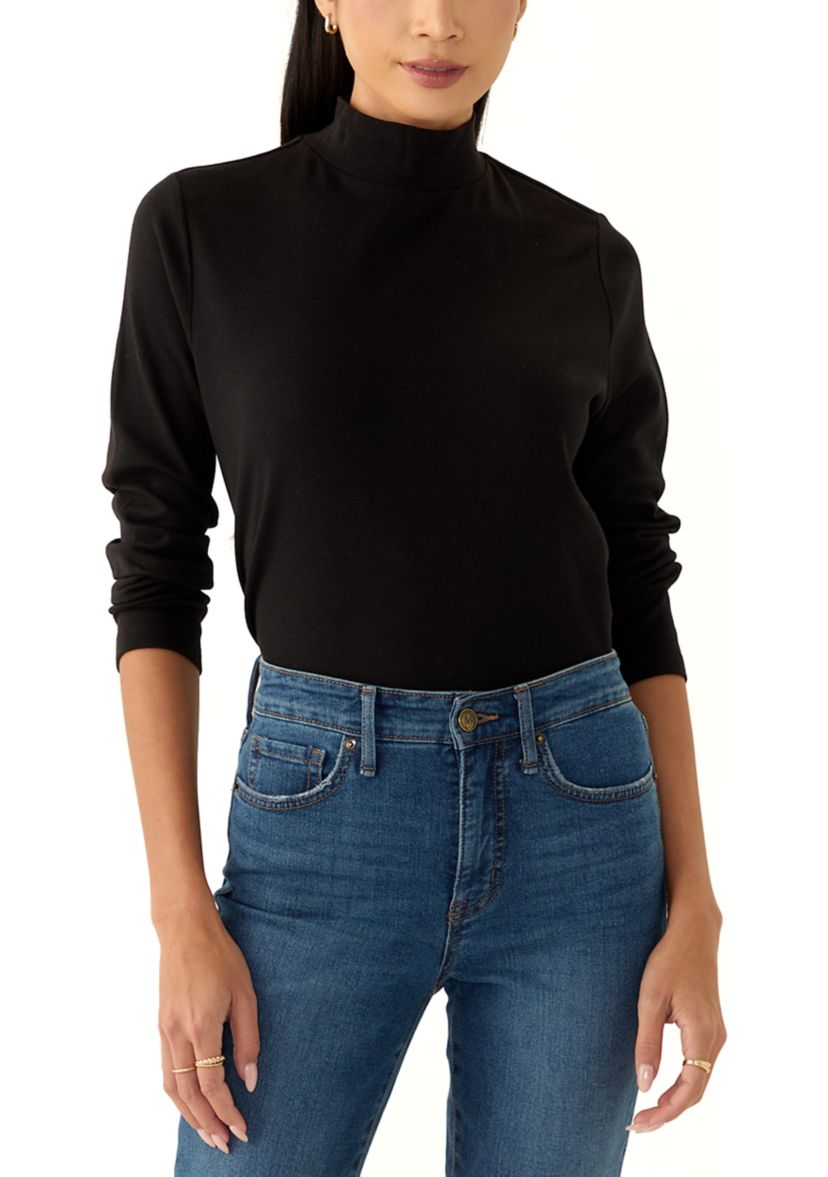 Petite Long Sleeve Mock Neck Knit T-Shirt 
