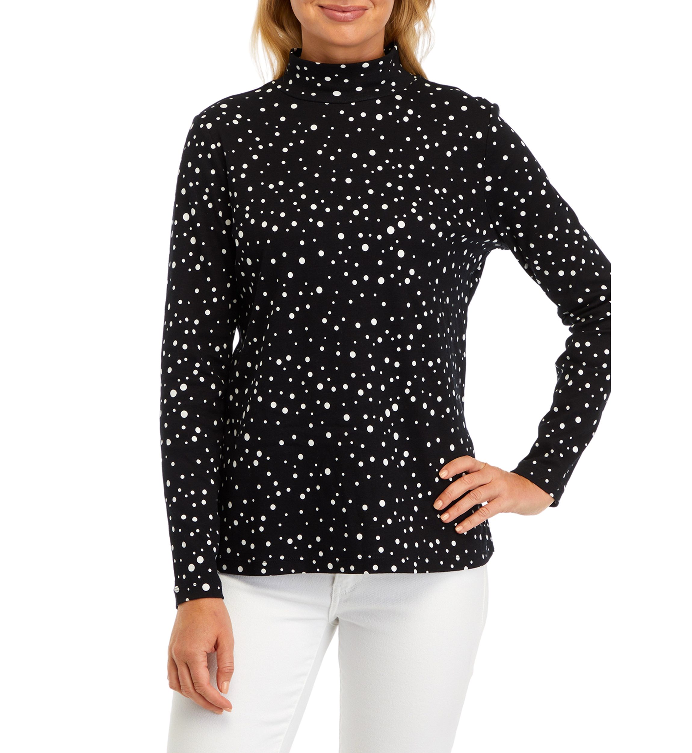 Petite Long Sleeve Mock Neck Polka Dot T-Shirt 