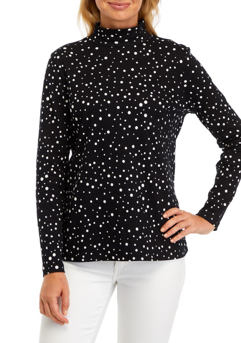 Petite Long Sleeve Mock Neck Polka Dot T-Shirt 