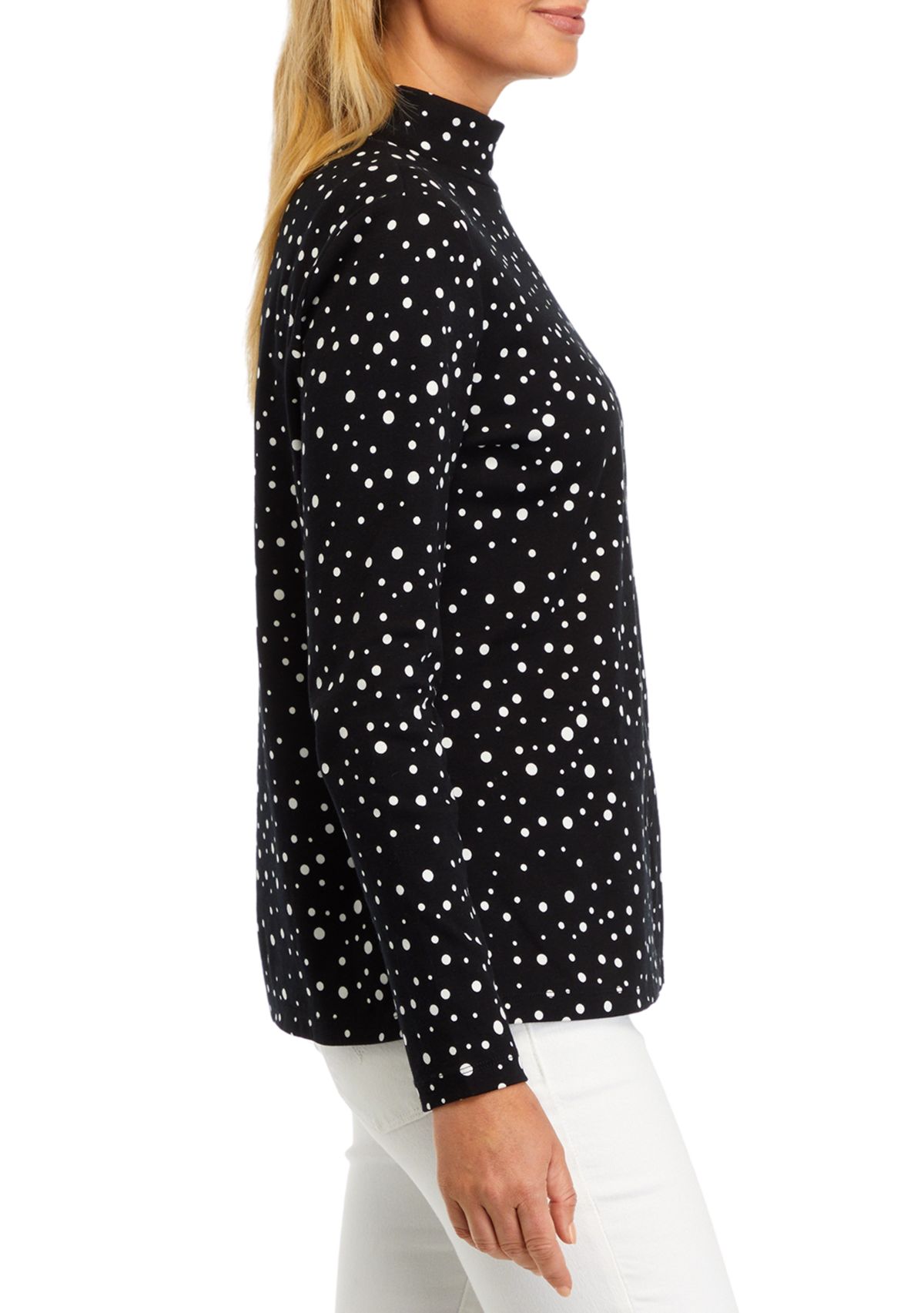 Petite Long Sleeve Mock Neck Polka Dot T-Shirt 