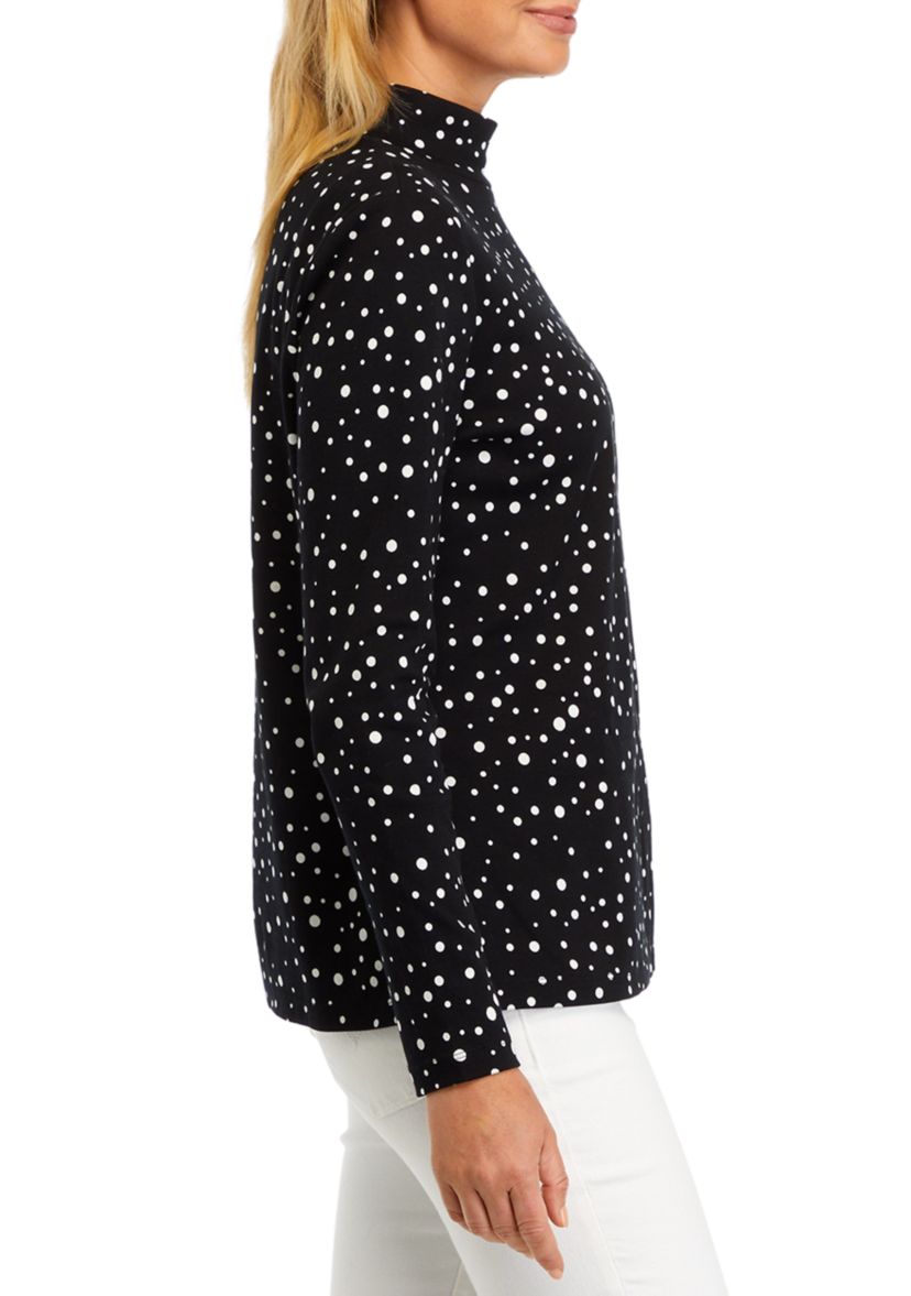 Petite Long Sleeve Mock Neck Polka Dot T-Shirt 