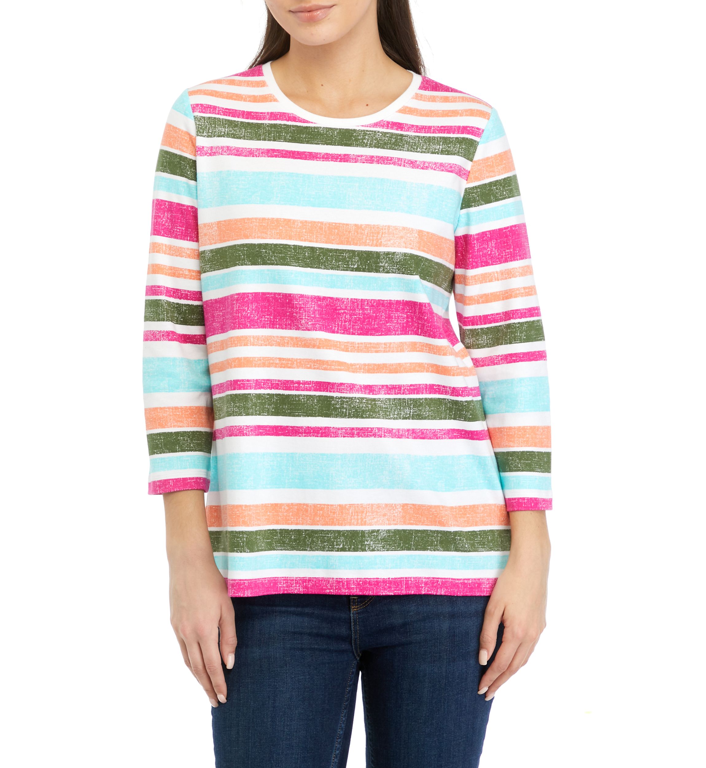 Petite 3/4 Sleeve Crew Neck Stripe Top