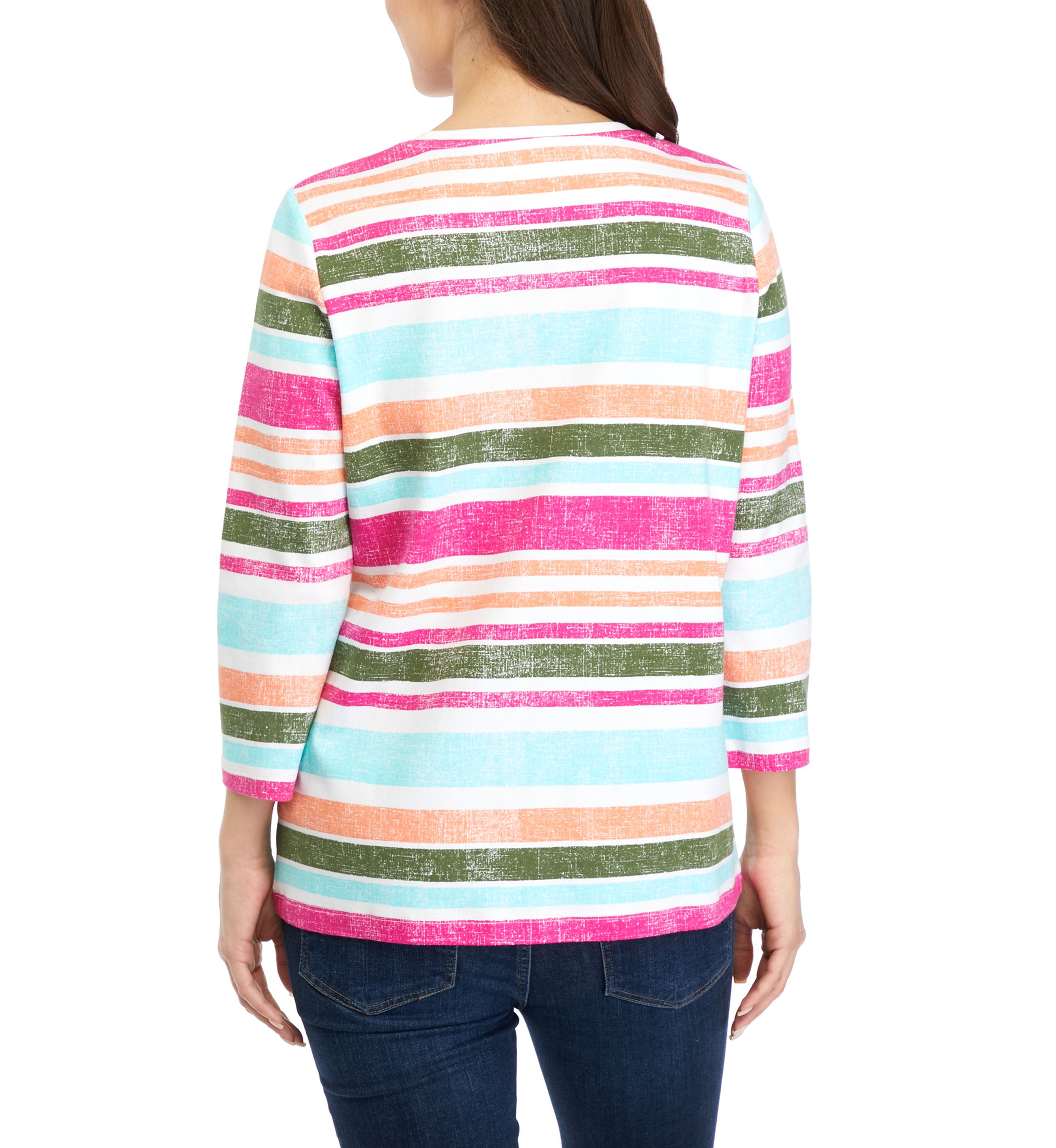 Petite 3/4 Sleeve Crew Neck Stripe Top