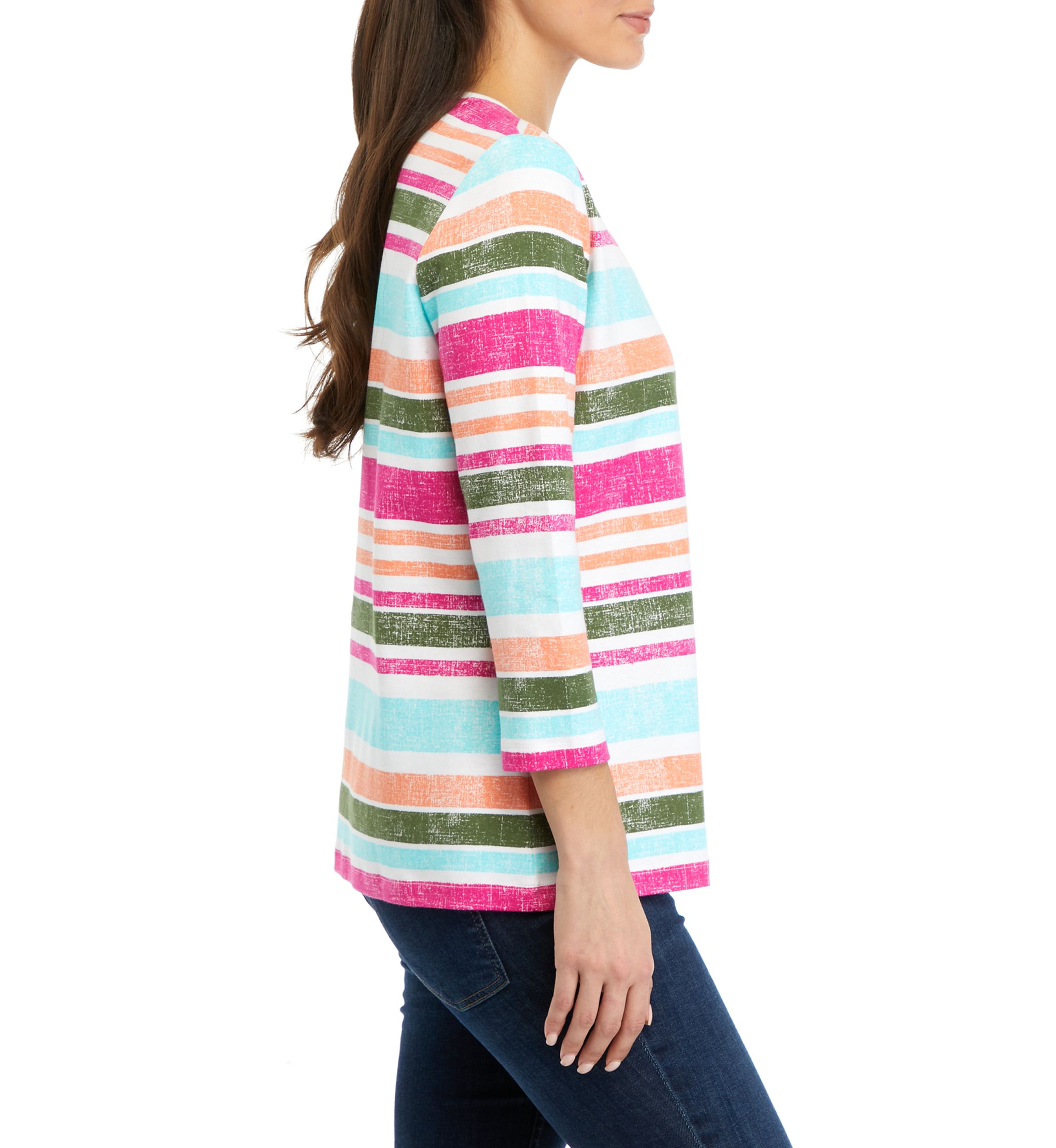 Petite 3/4 Sleeve Crew Neck Stripe Top