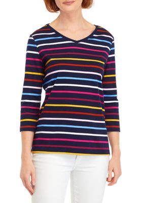 Kim Rogers Women's Petite V-Neck Striped Top, Navy Blue, PXL