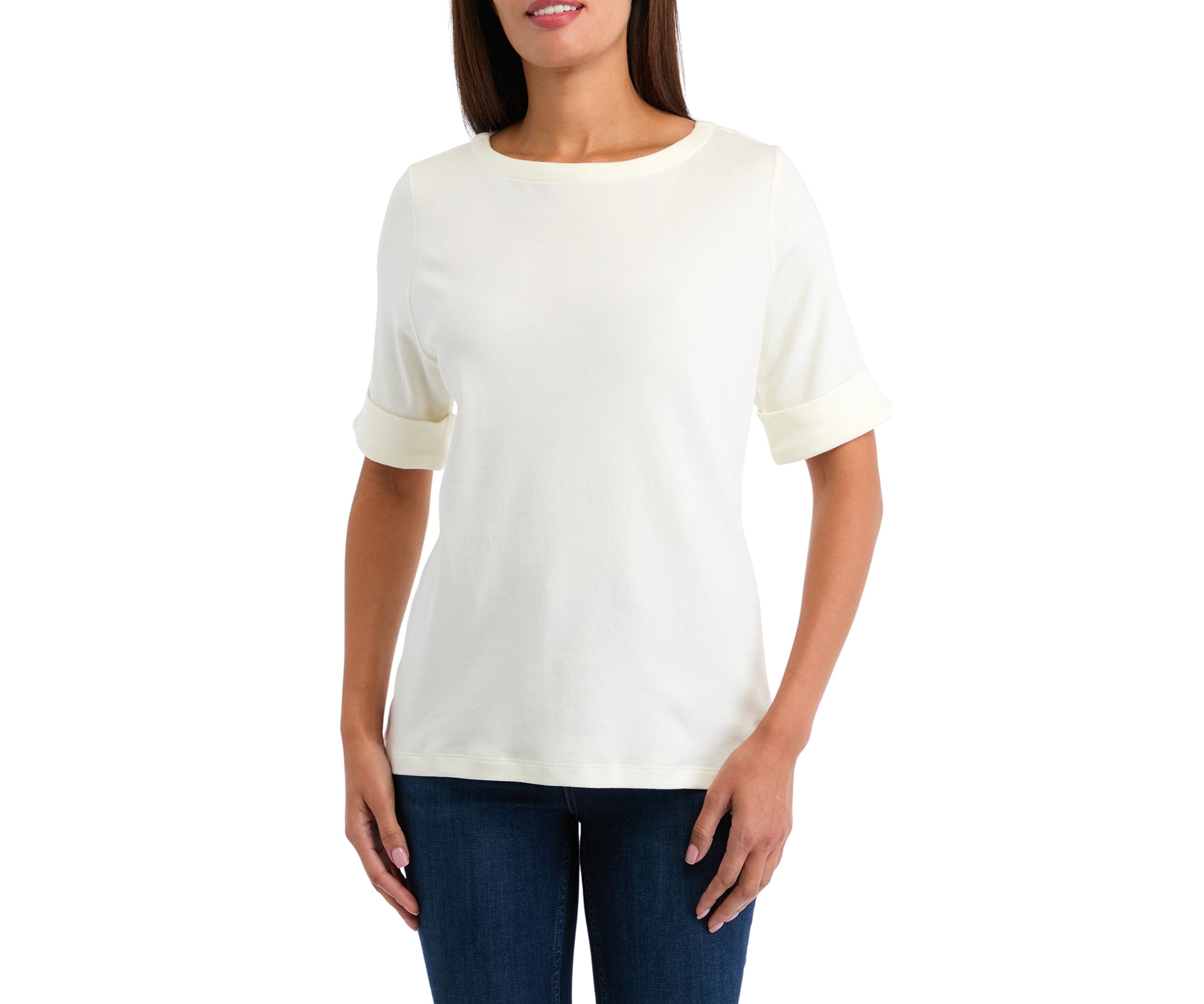 Petite Elbow Sleeve Boat Neck T-Shirt