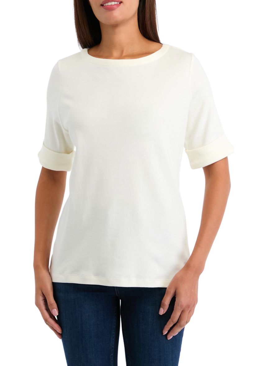 Petite Elbow Sleeve Boat Neck T-Shirt