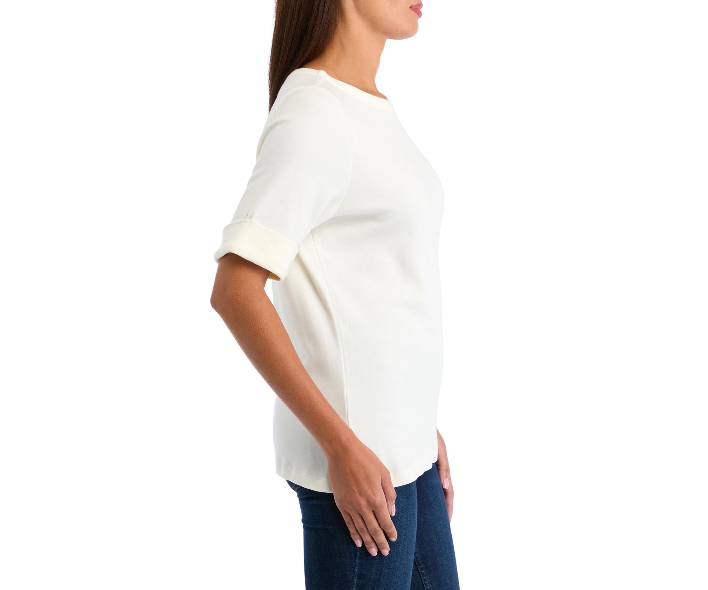 Petite Elbow Sleeve Boat Neck T-Shirt