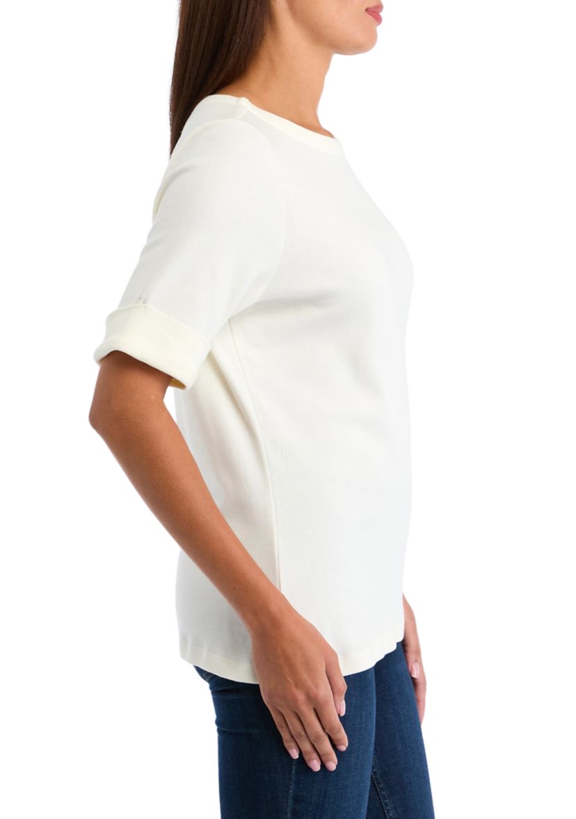 Petite Elbow Sleeve Boat Neck T-Shirt