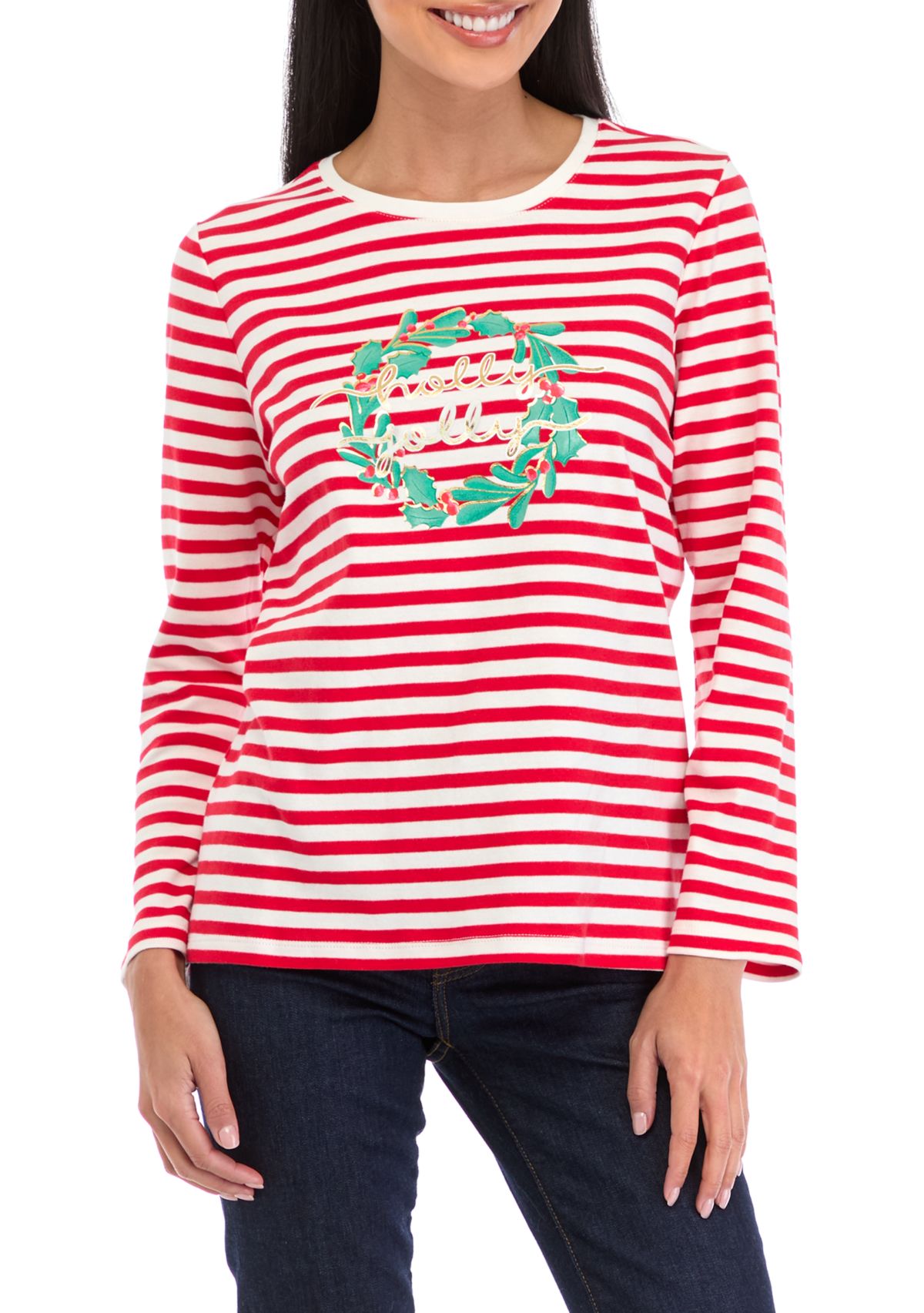 Petite Striped Holiday Graphic Top