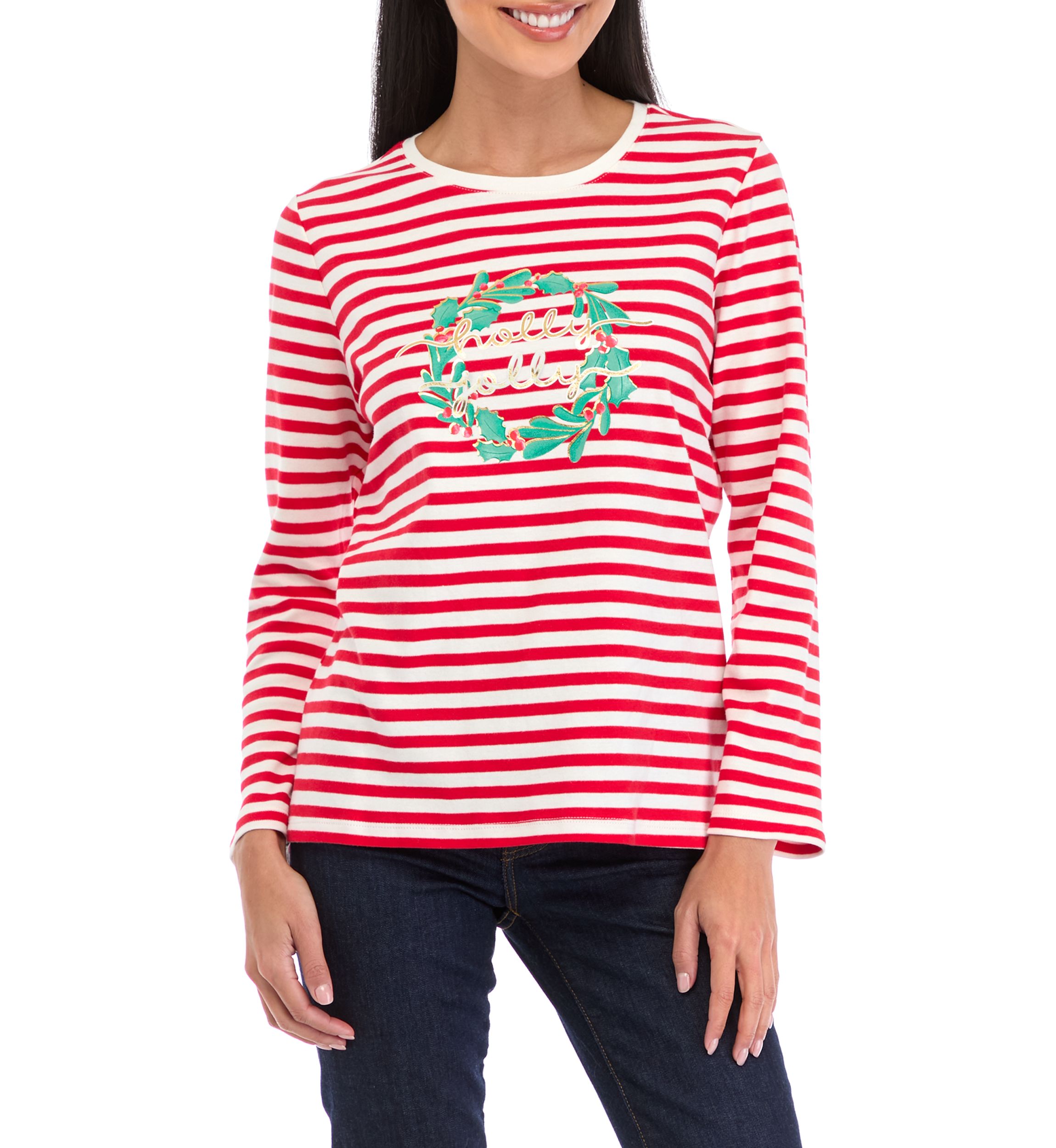 Petite Striped Holiday Graphic Top