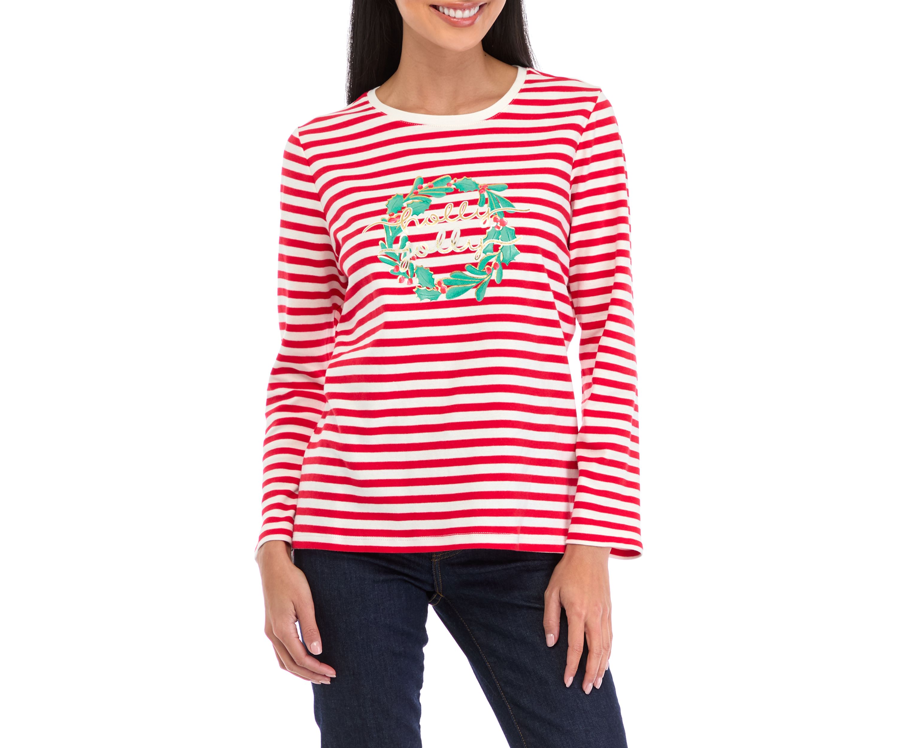Petite Striped Holiday Graphic Top