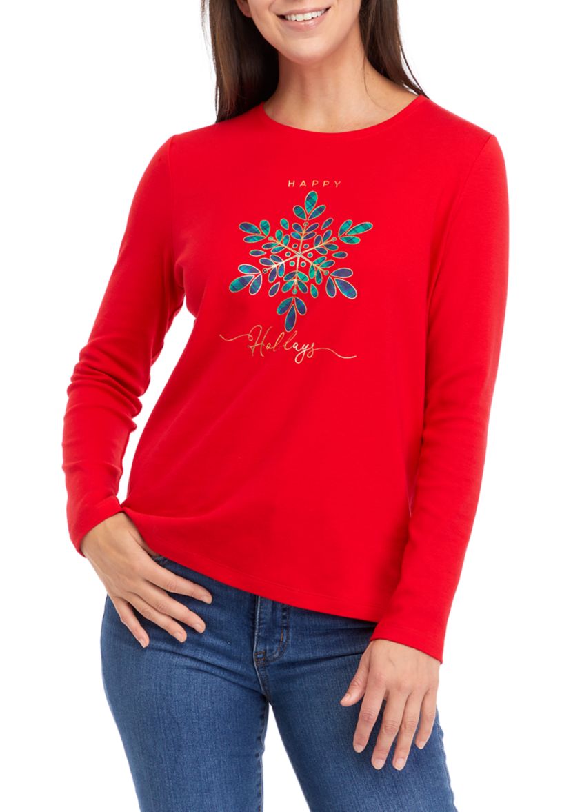 Petite Long Sleeve Crew Neck Holiday Graphic T-Shirt 