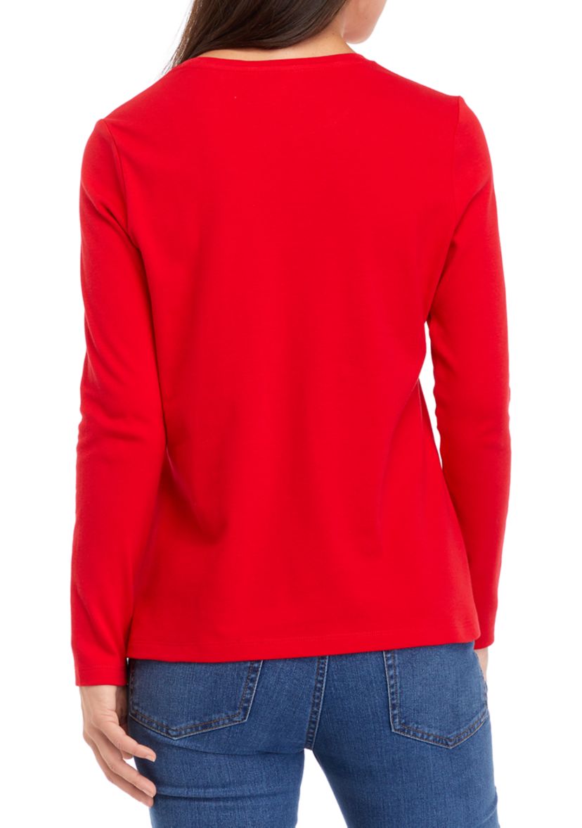 Petite Long Sleeve Crew Neck Holiday Graphic T-Shirt 