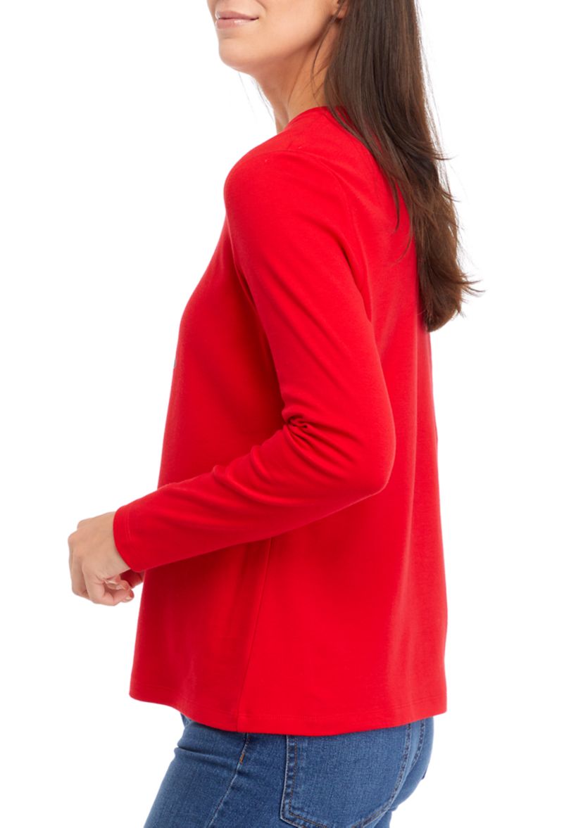 Petite Long Sleeve Crew Neck Holiday Graphic T-Shirt 
