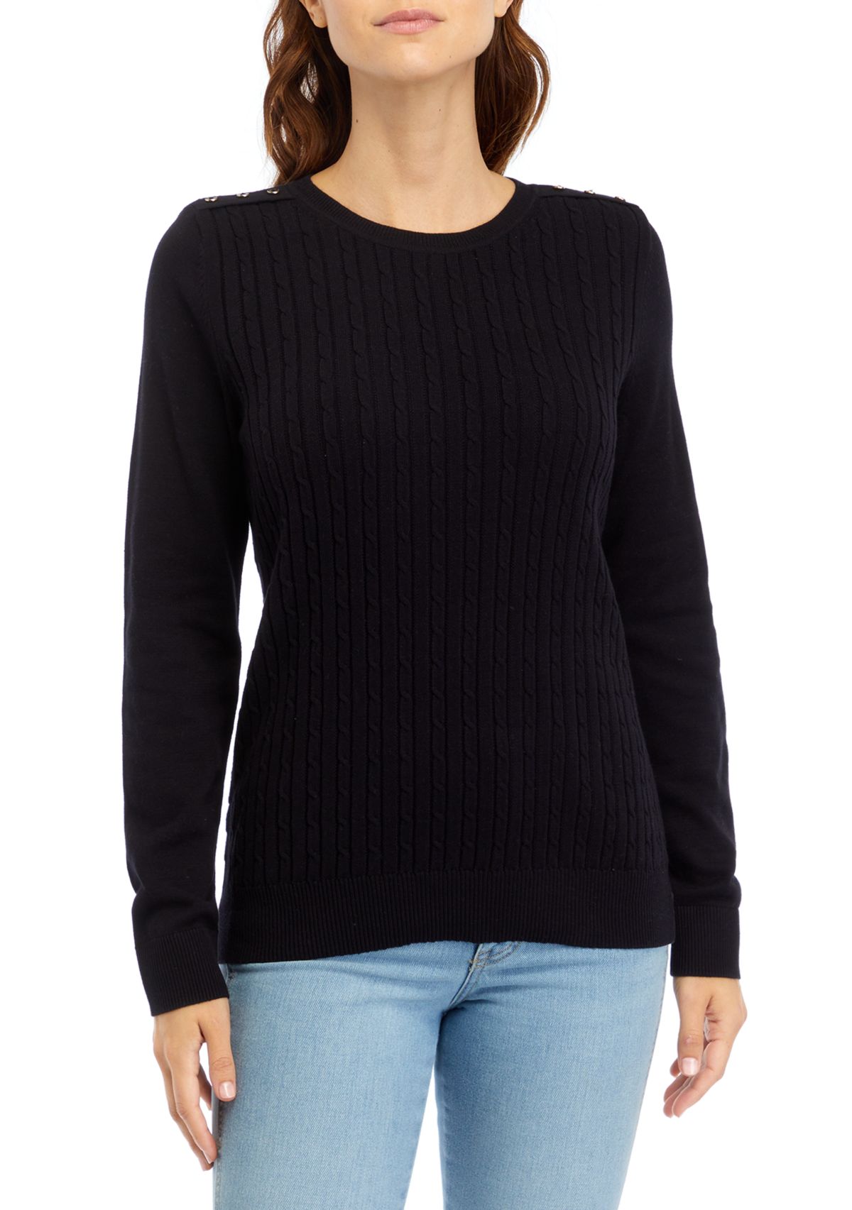Petite Long Sleeve Cable Button Trim Sweater 