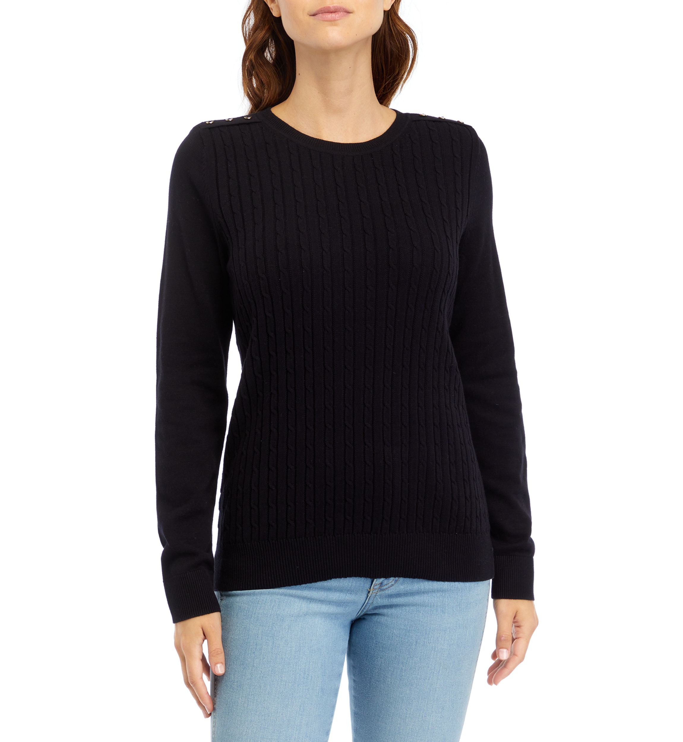 Petite Long Sleeve Cable Button Trim Sweater 