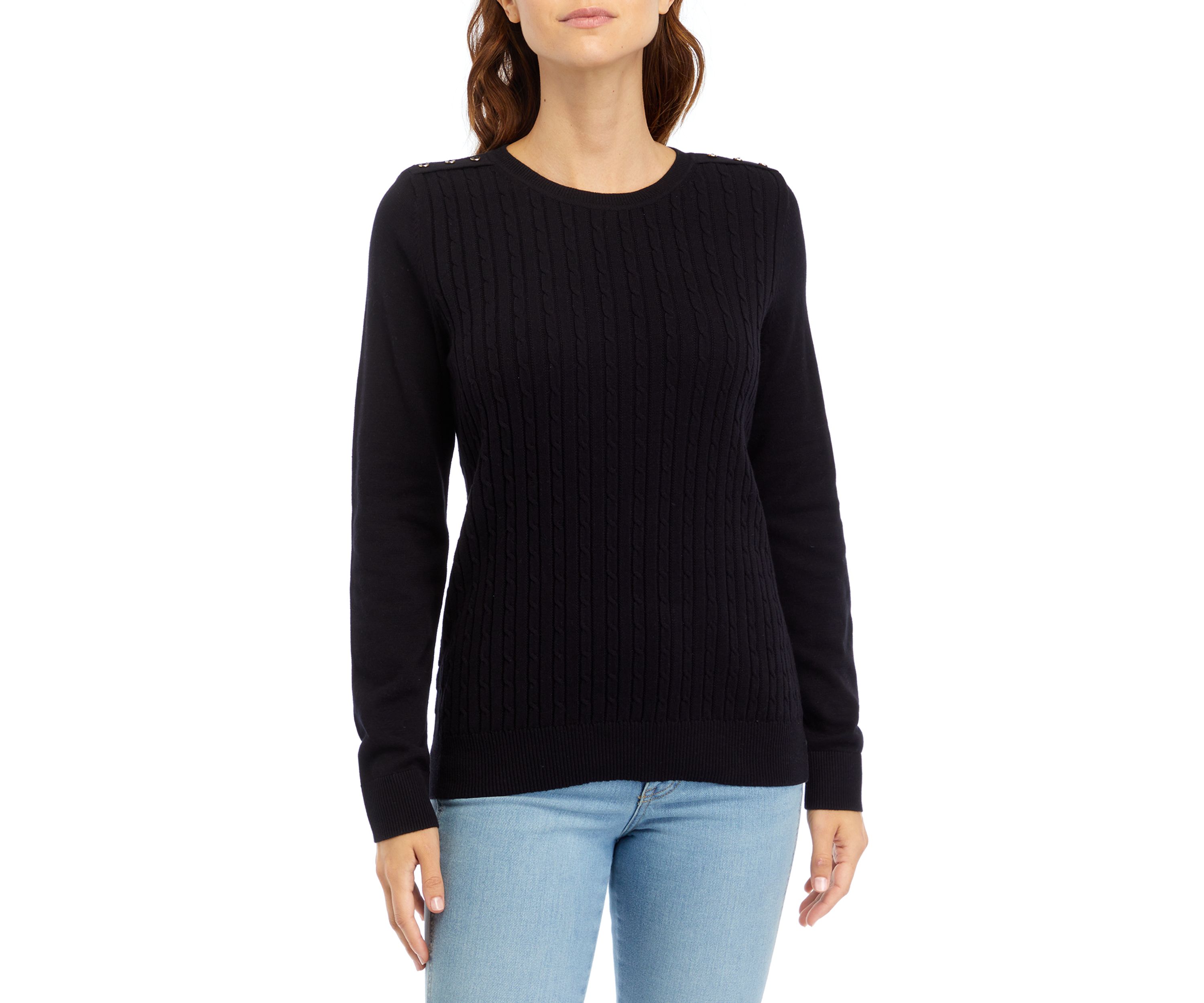Petite Long Sleeve Cable Button Trim Sweater 