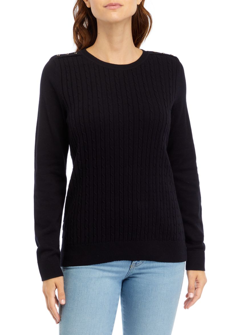 Petite Long Sleeve Cable Button Trim Sweater 