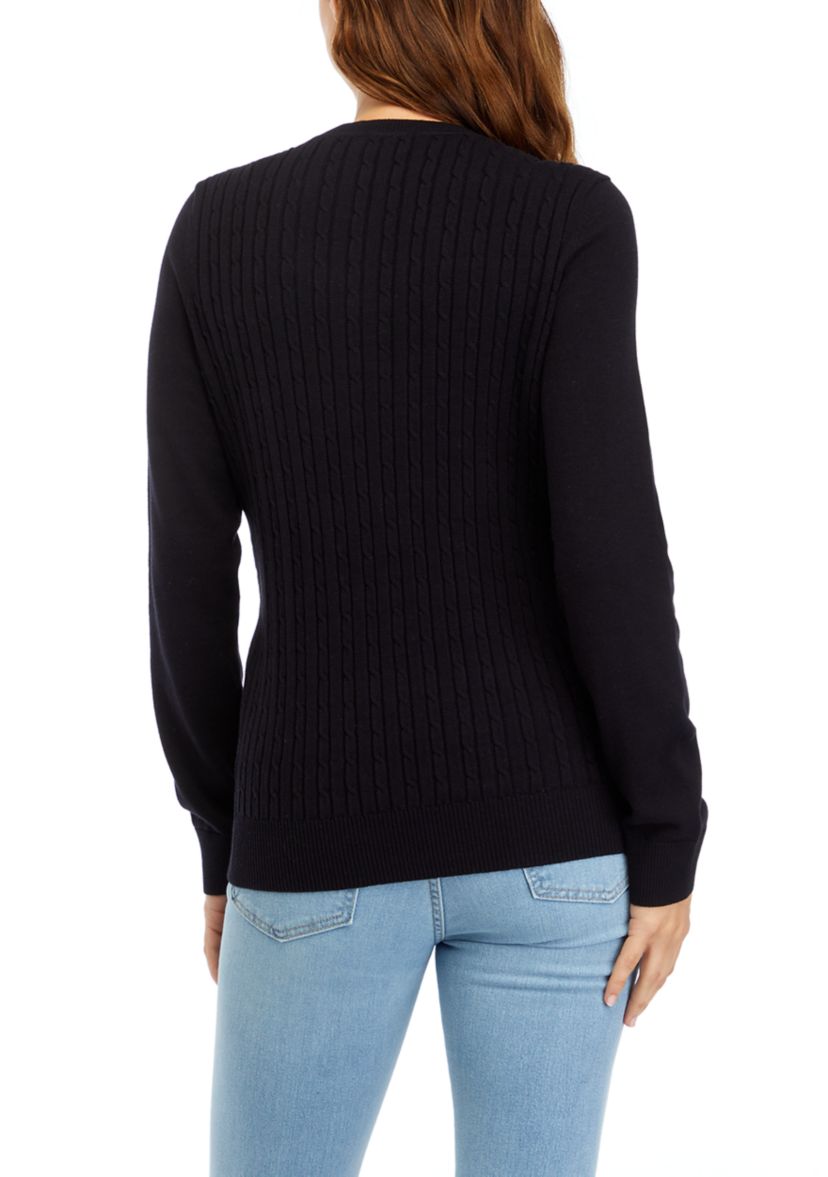 Petite Long Sleeve Cable Button Trim Sweater 