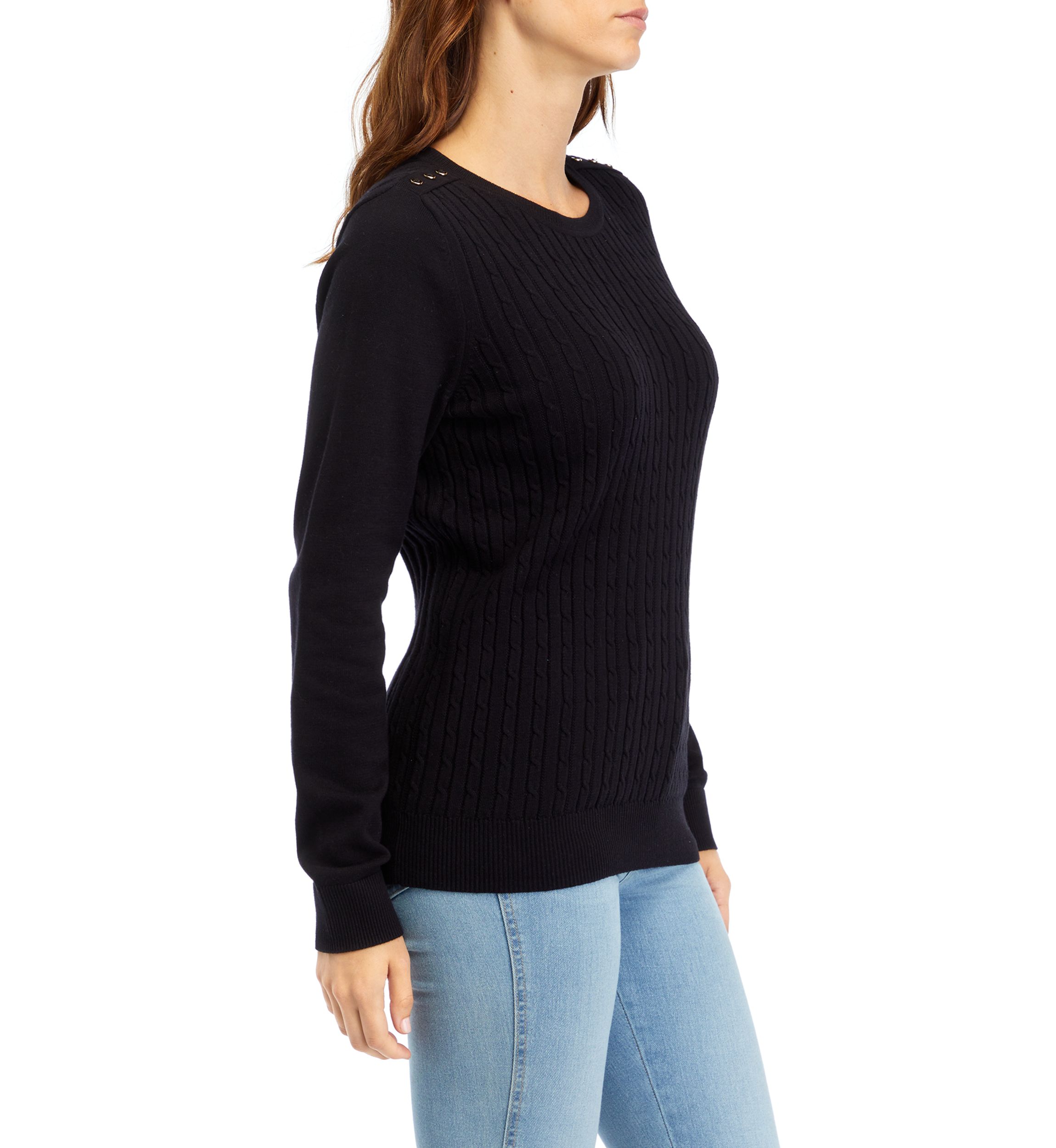 Petite Long Sleeve Cable Button Trim Sweater 