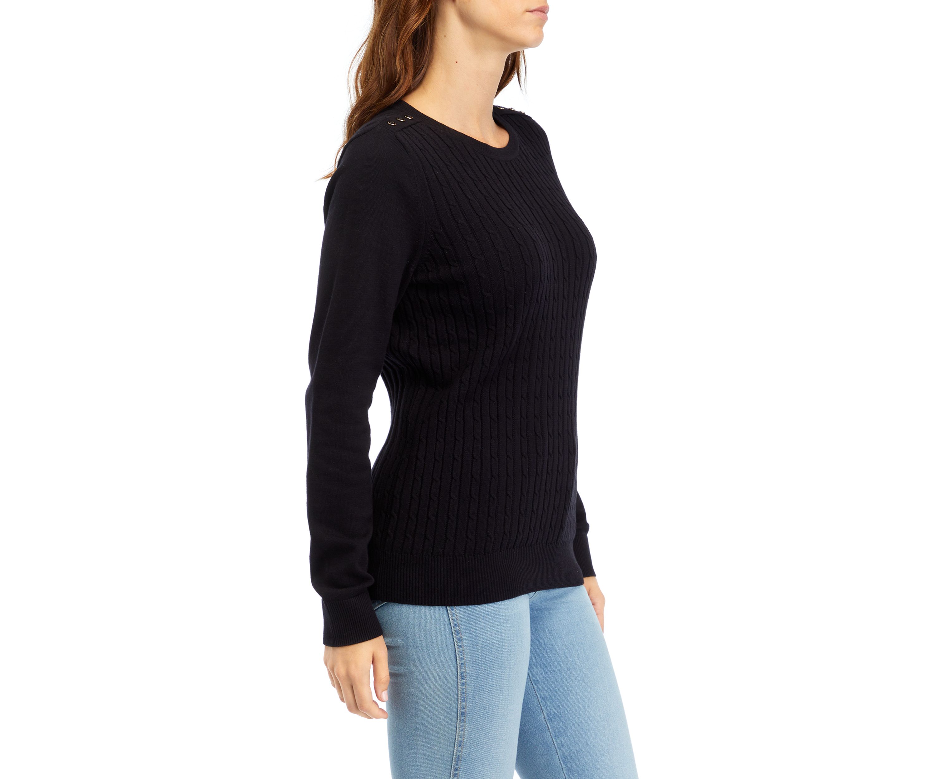 Petite Long Sleeve Cable Button Trim Sweater 
